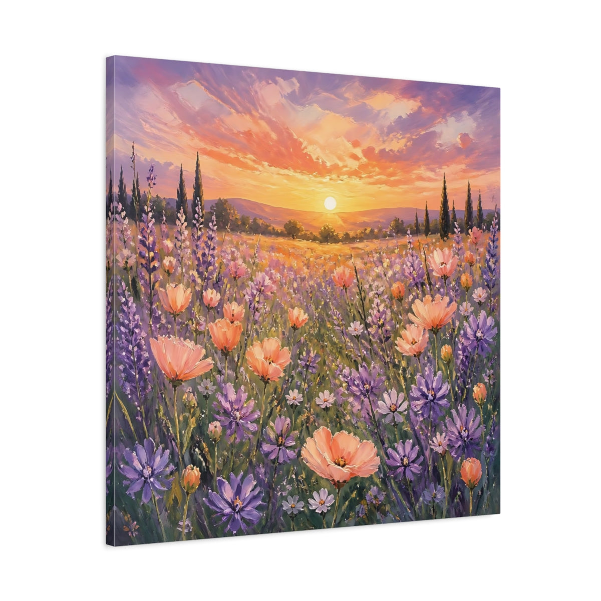 Side Mockup 3. Nature Flower Field Lavender Sunset shown as stretched canvas wall art