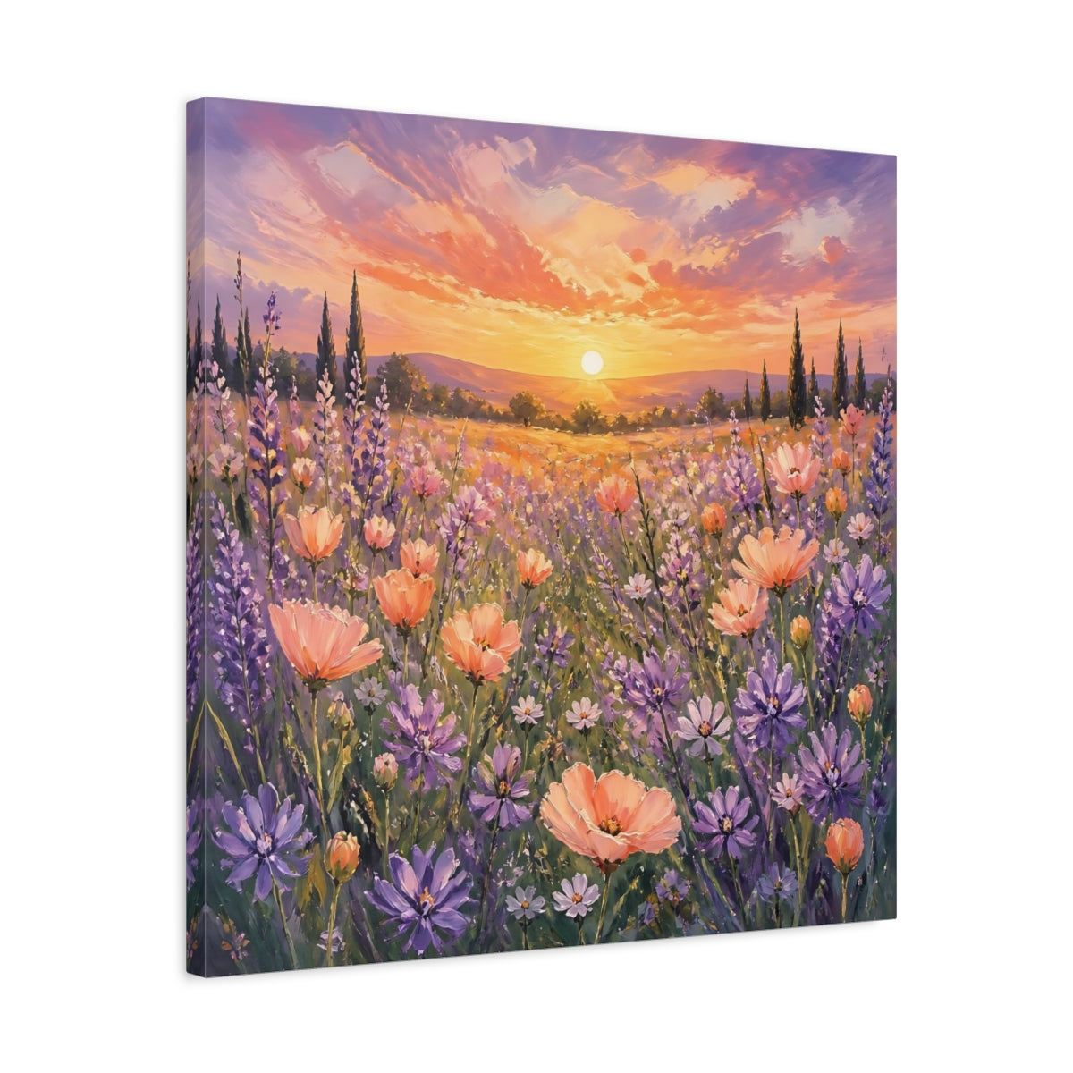 Side Mockup 4. Nature Flower Field Lavender Sunset shown as stretched canvas wall art