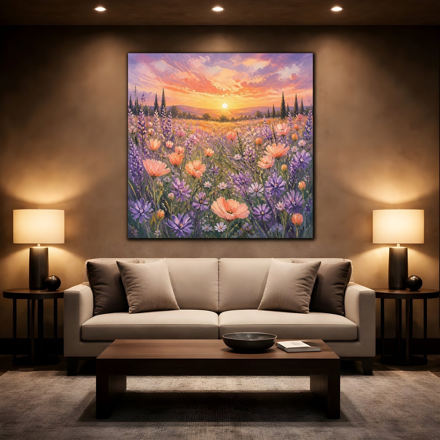 Mockup 2. Nature Flower Field Lavender Sunset shown as stretched canvas wall art