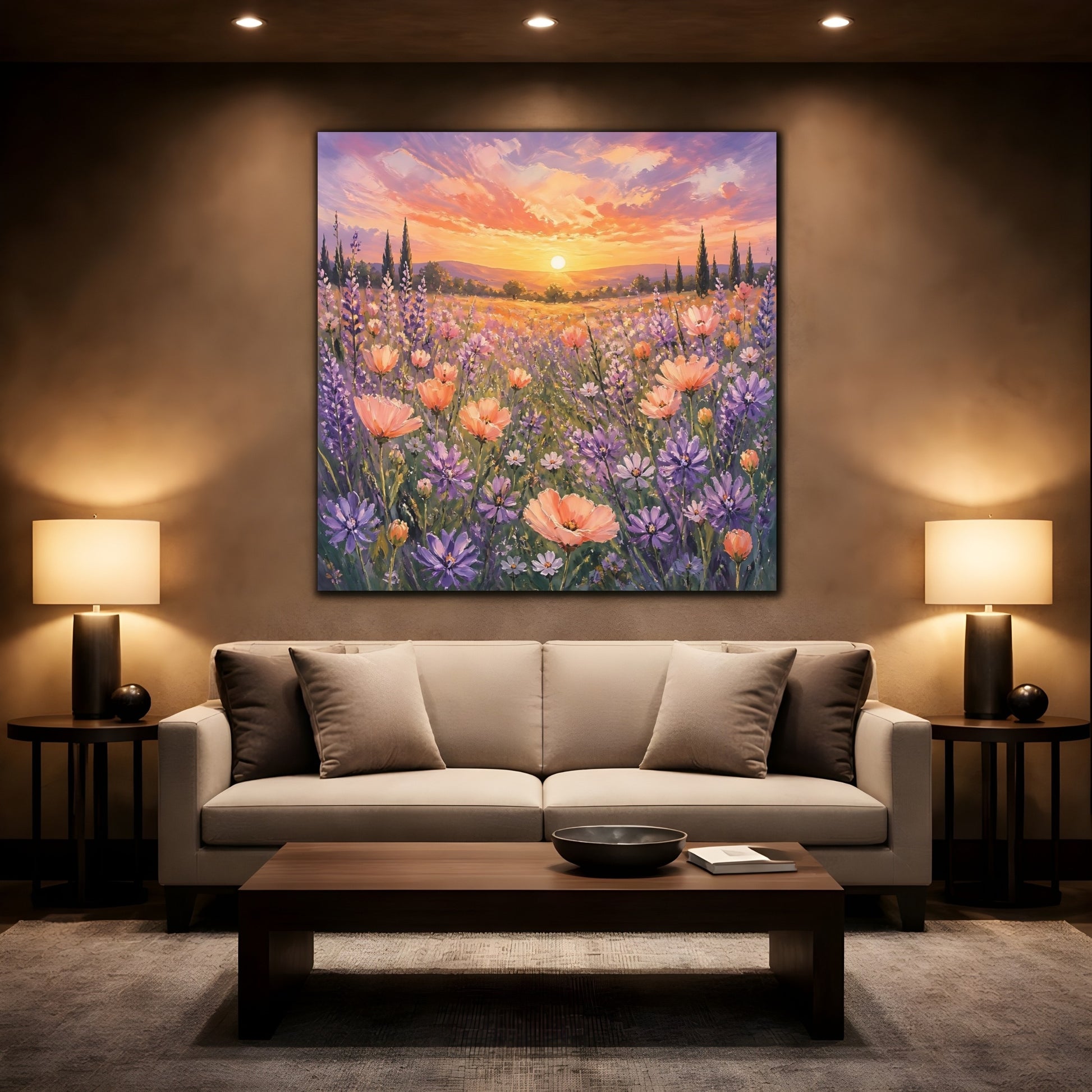 Mockup 2. Nature Flower Field Lavender Sunset shown as stretched canvas wall art