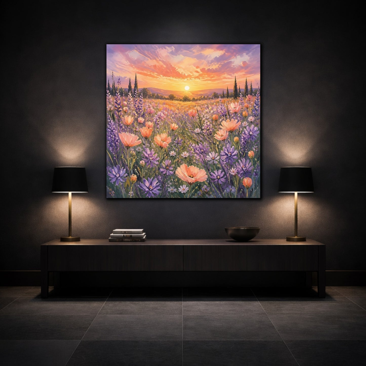 Mockup 3. Nature Flower Field Lavender Sunset shown as stretched canvas wall art