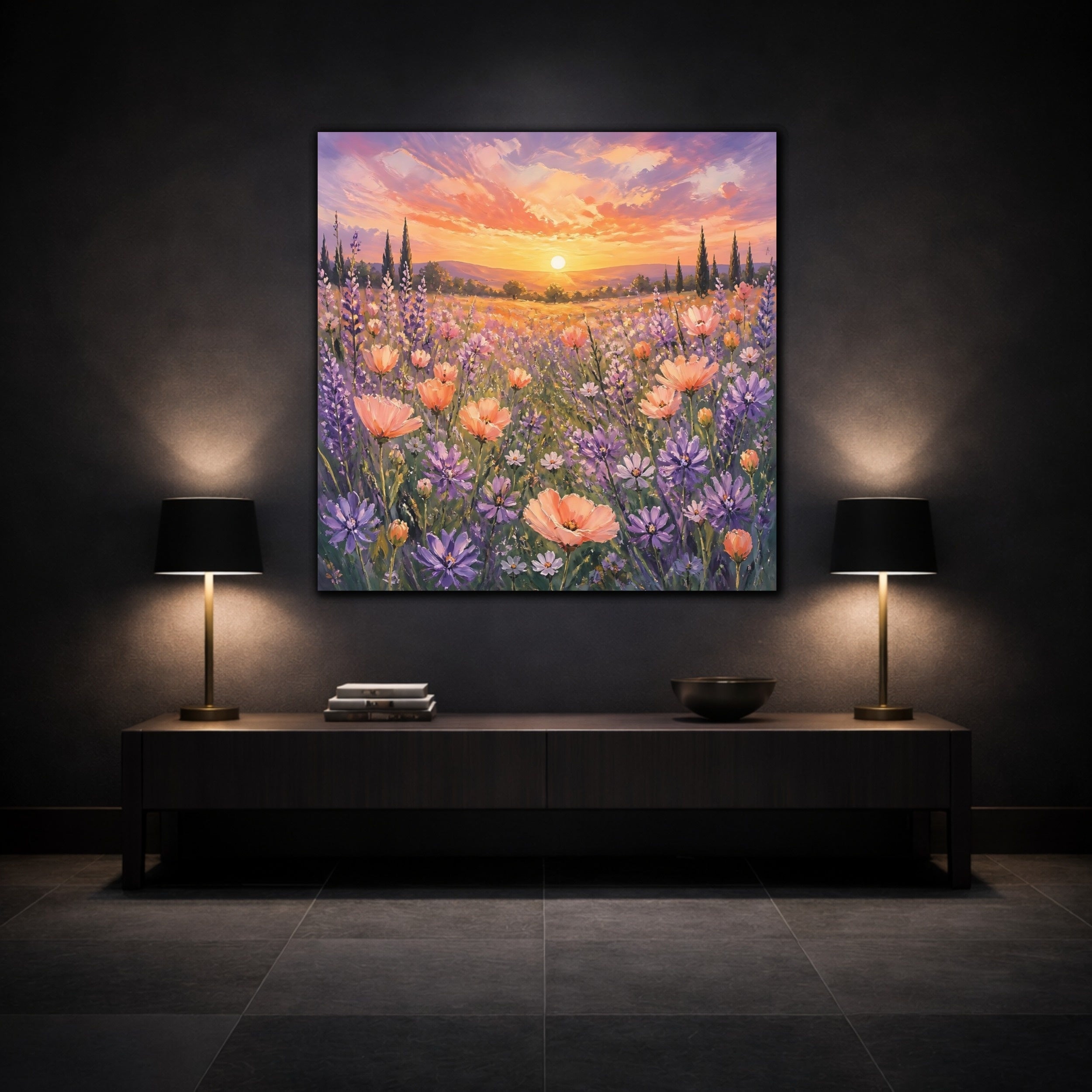 Mockup 3. Nature Flower Field Lavender Sunset shown as stretched canvas wall art
