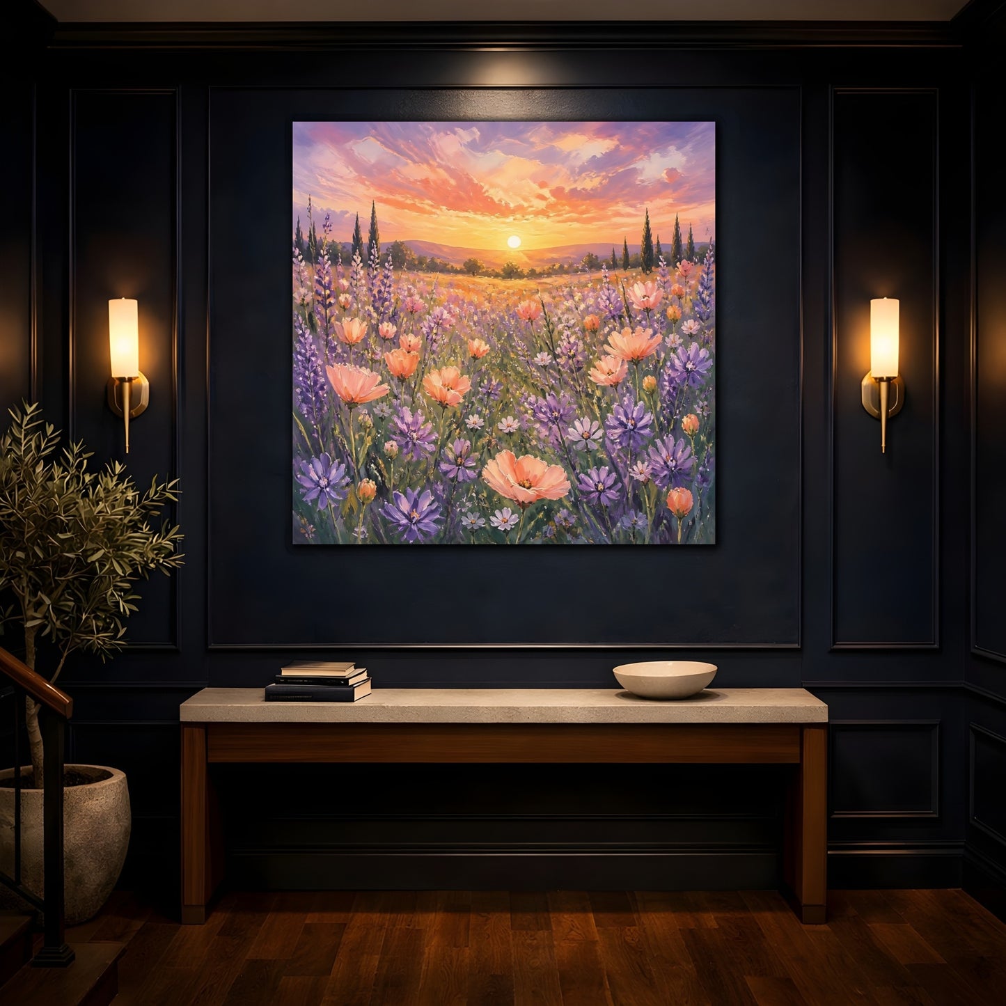 Mockup 4. Nature Flower Field Lavender Sunset shown as stretched canvas wall art