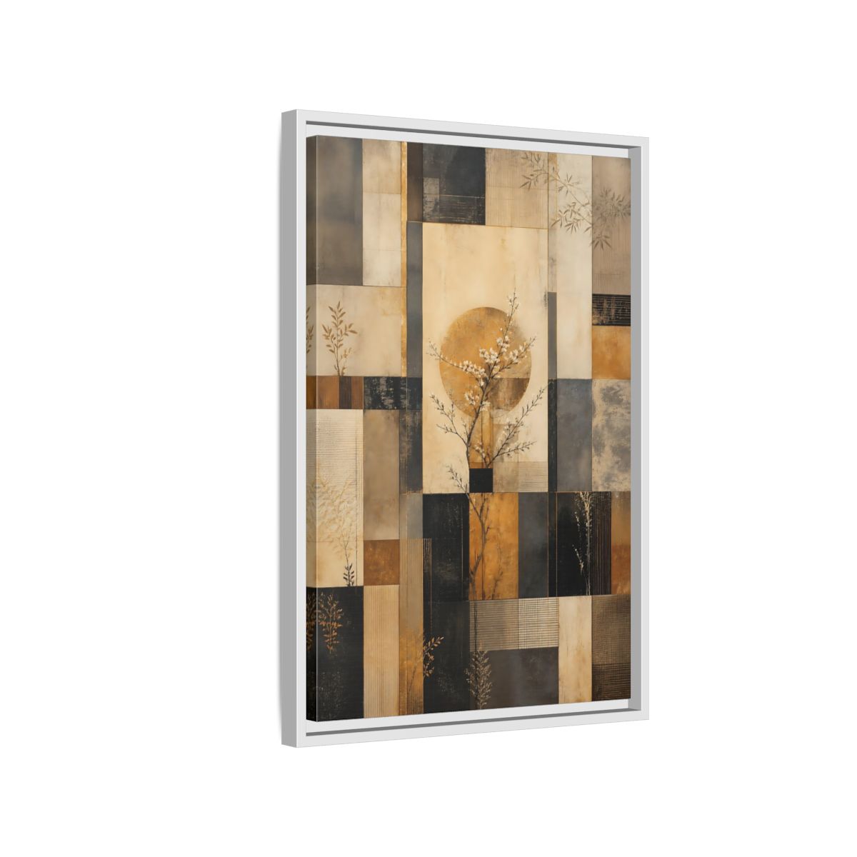 Side Mockup 1. Nature Flowering Tree Brown And Gold shown as stretched canvas wall art