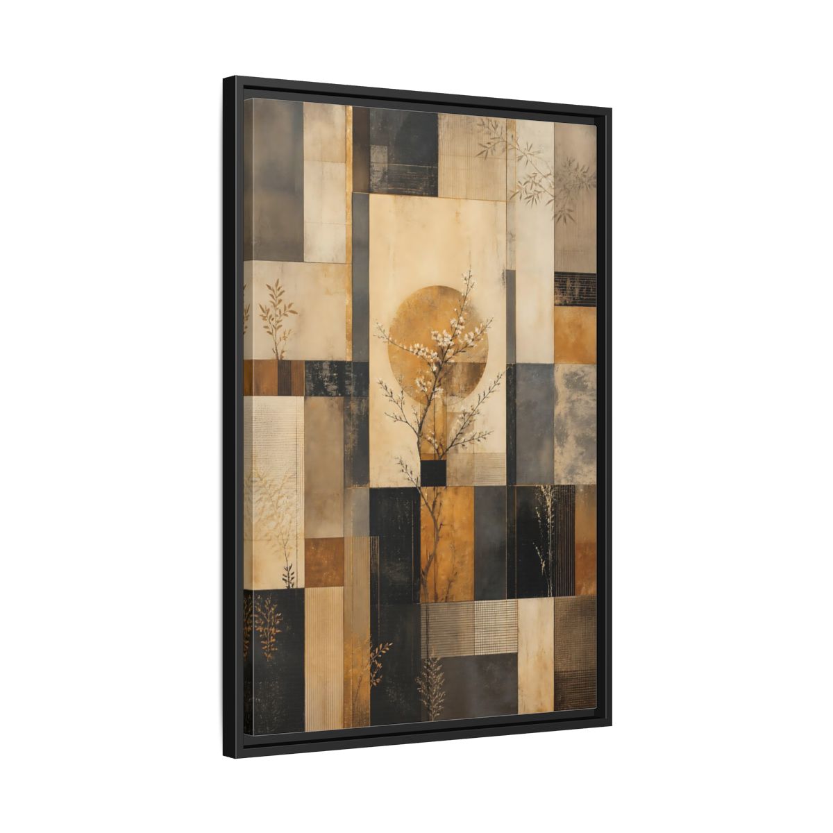 Side Mockup 14. Nature Flowering Tree Brown And Gold shown as stretched canvas wall art