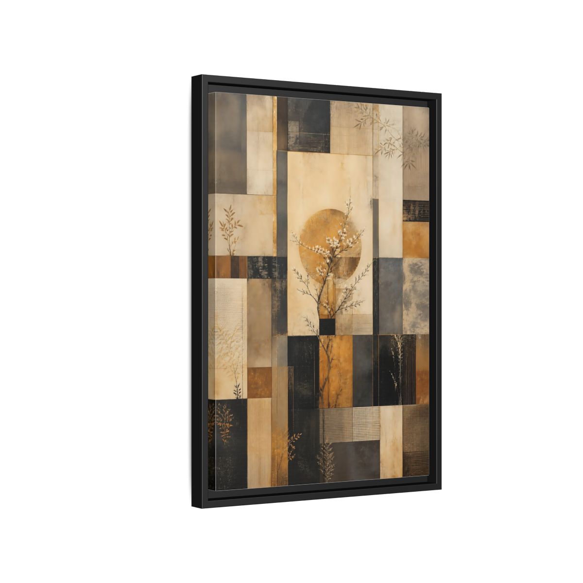 Side Mockup 3. Nature Flowering Tree Brown And Gold shown as stretched canvas wall art