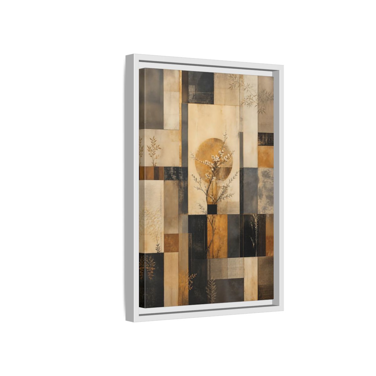 Side Mockup 4. Nature Flowering Tree Brown And Gold shown as stretched canvas wall art
