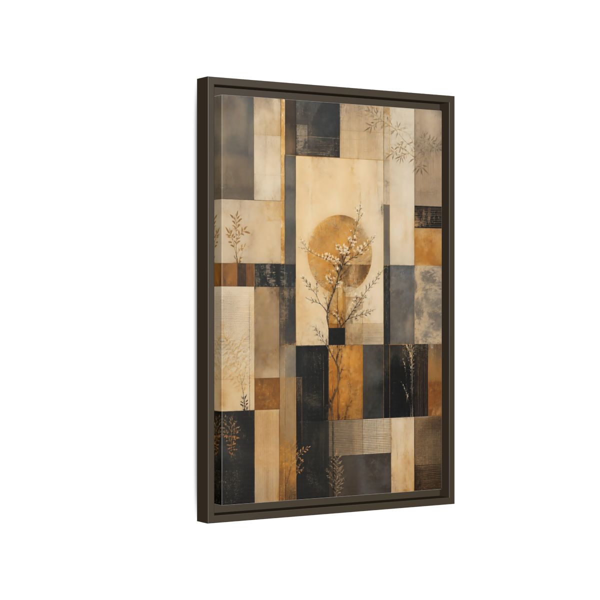 Side Mockup 2. Nature Flowering Tree Brown And Gold shown as stretched canvas wall art