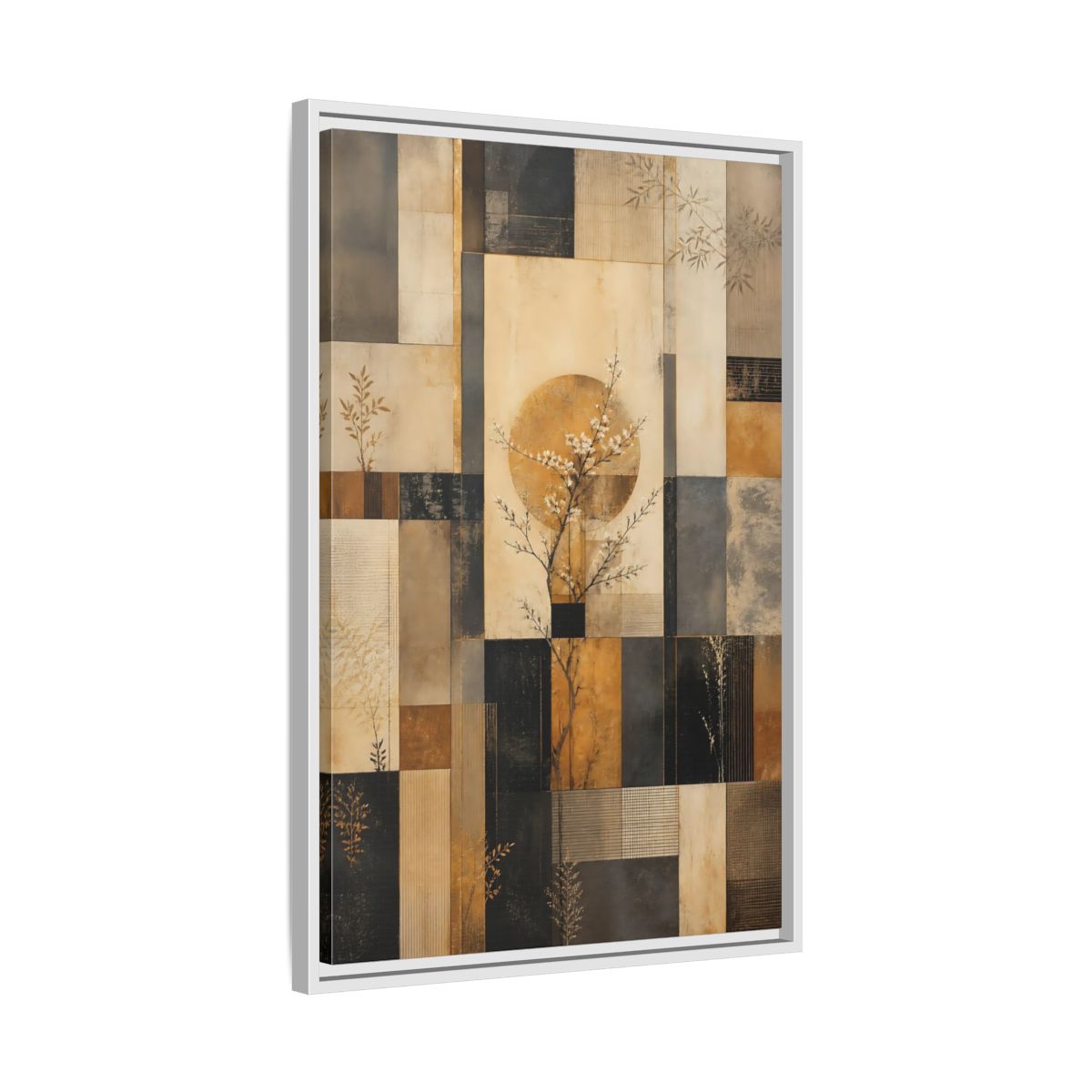Side Mockup 10. Nature Flowering Tree Brown And Gold shown as stretched canvas wall art
