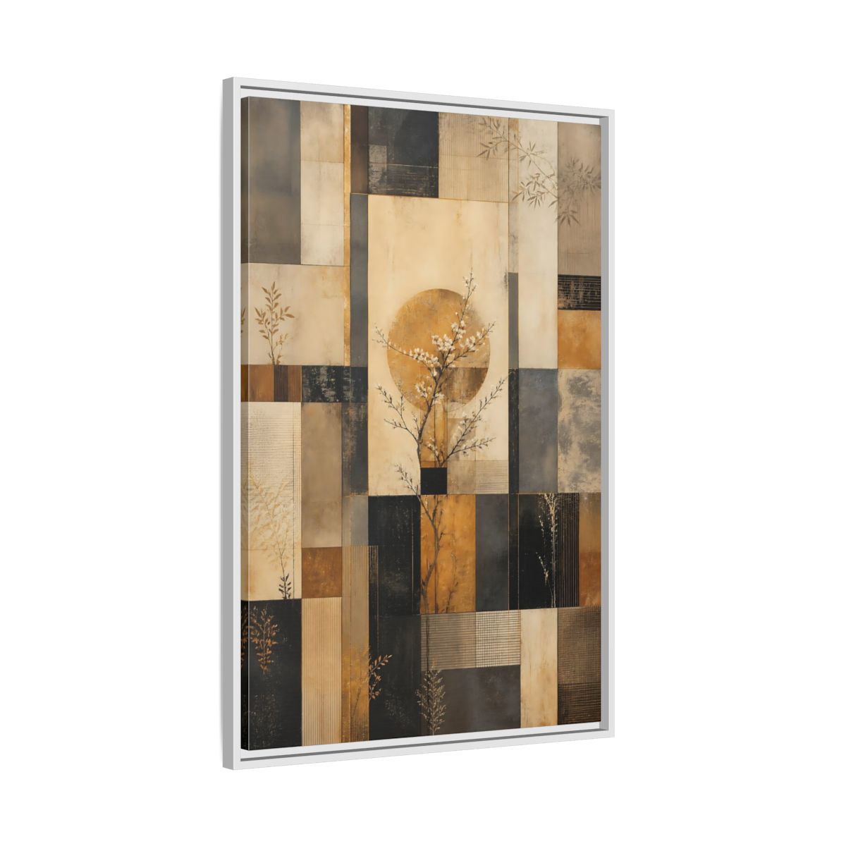 Side Mockup 9. Nature Flowering Tree Brown And Gold shown as stretched canvas wall art