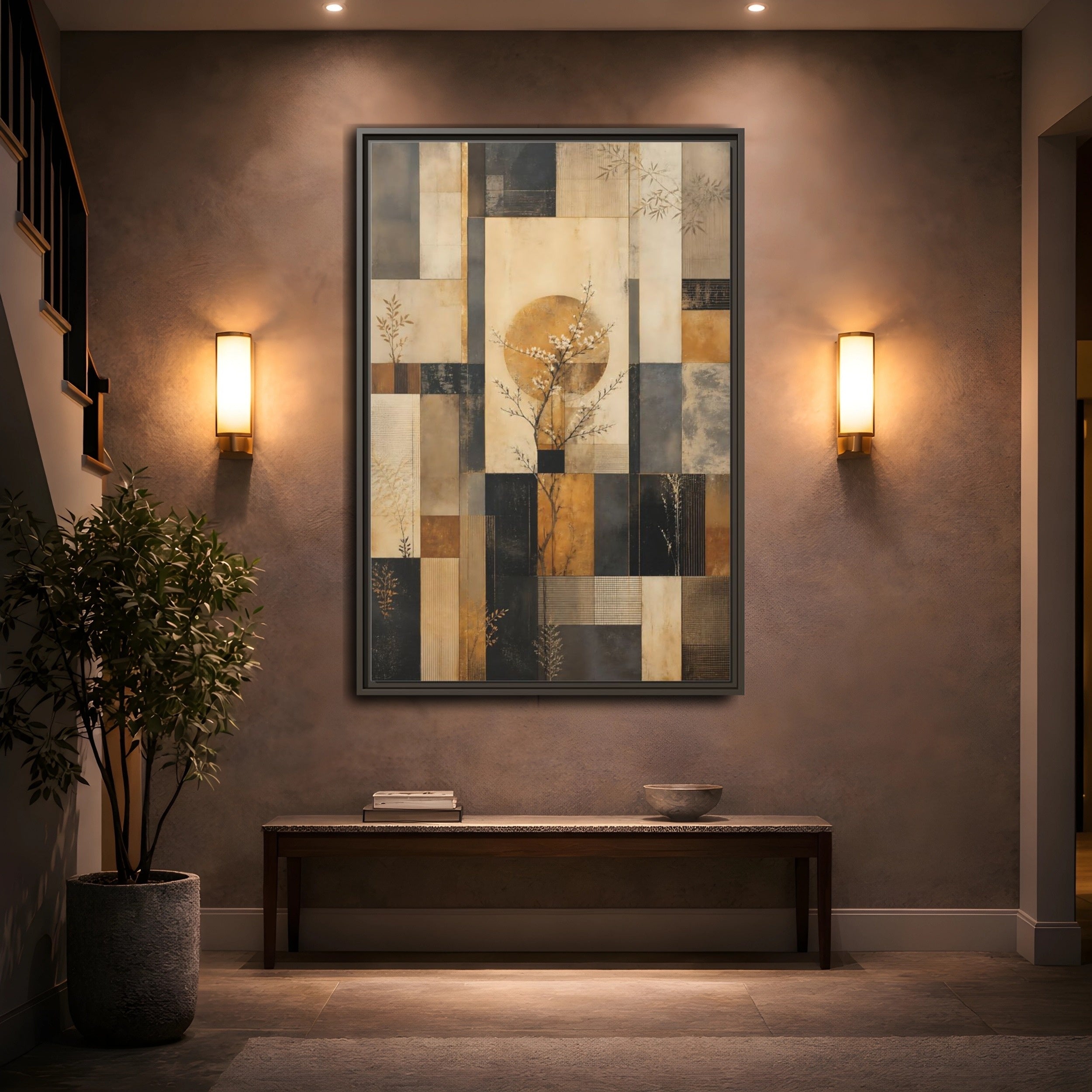 Mockup 2. Nature Flowering Tree Brown And Gold shown as stretched canvas wall art