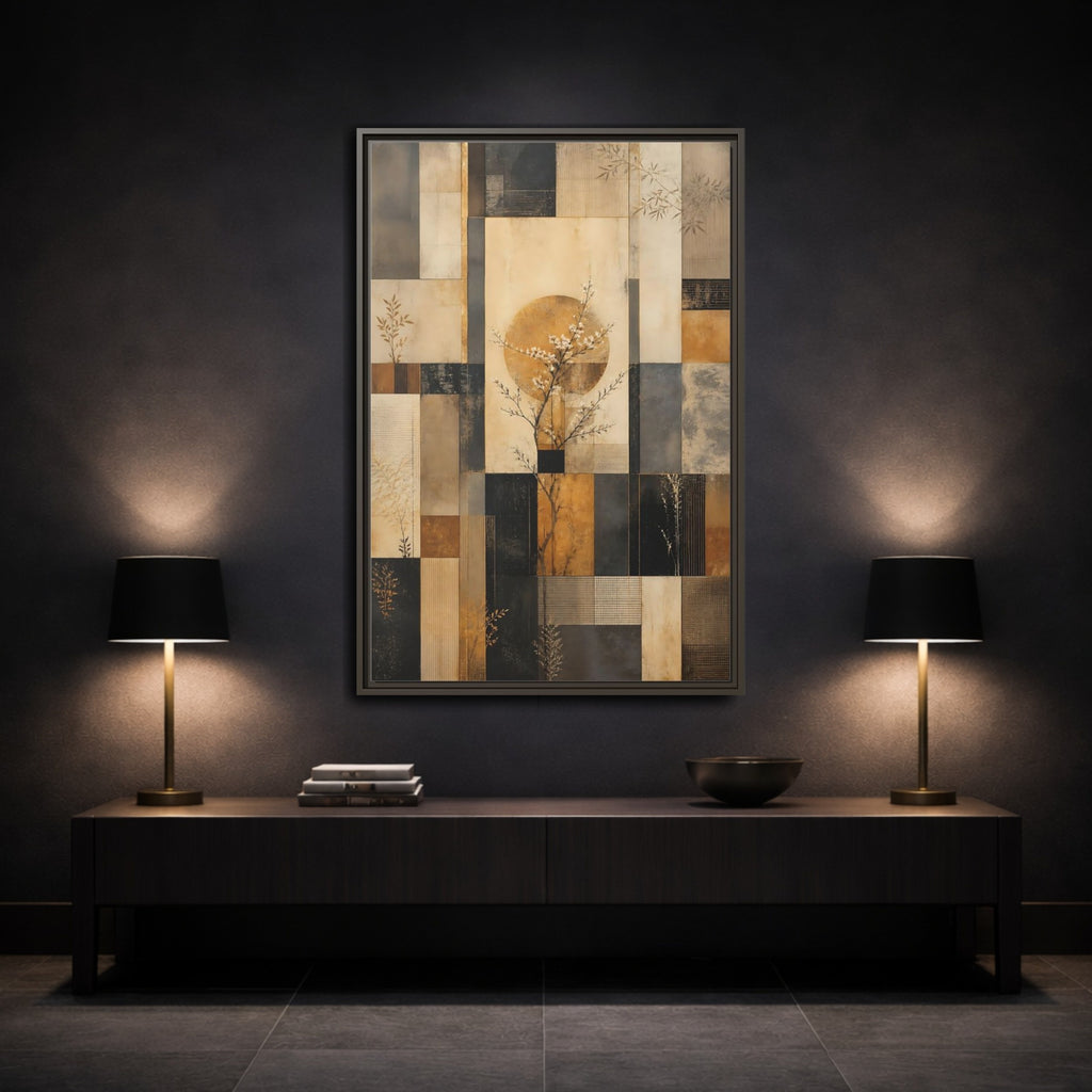 Mockup 3. Nature Flowering Tree Brown And Gold shown as stretched canvas wall art