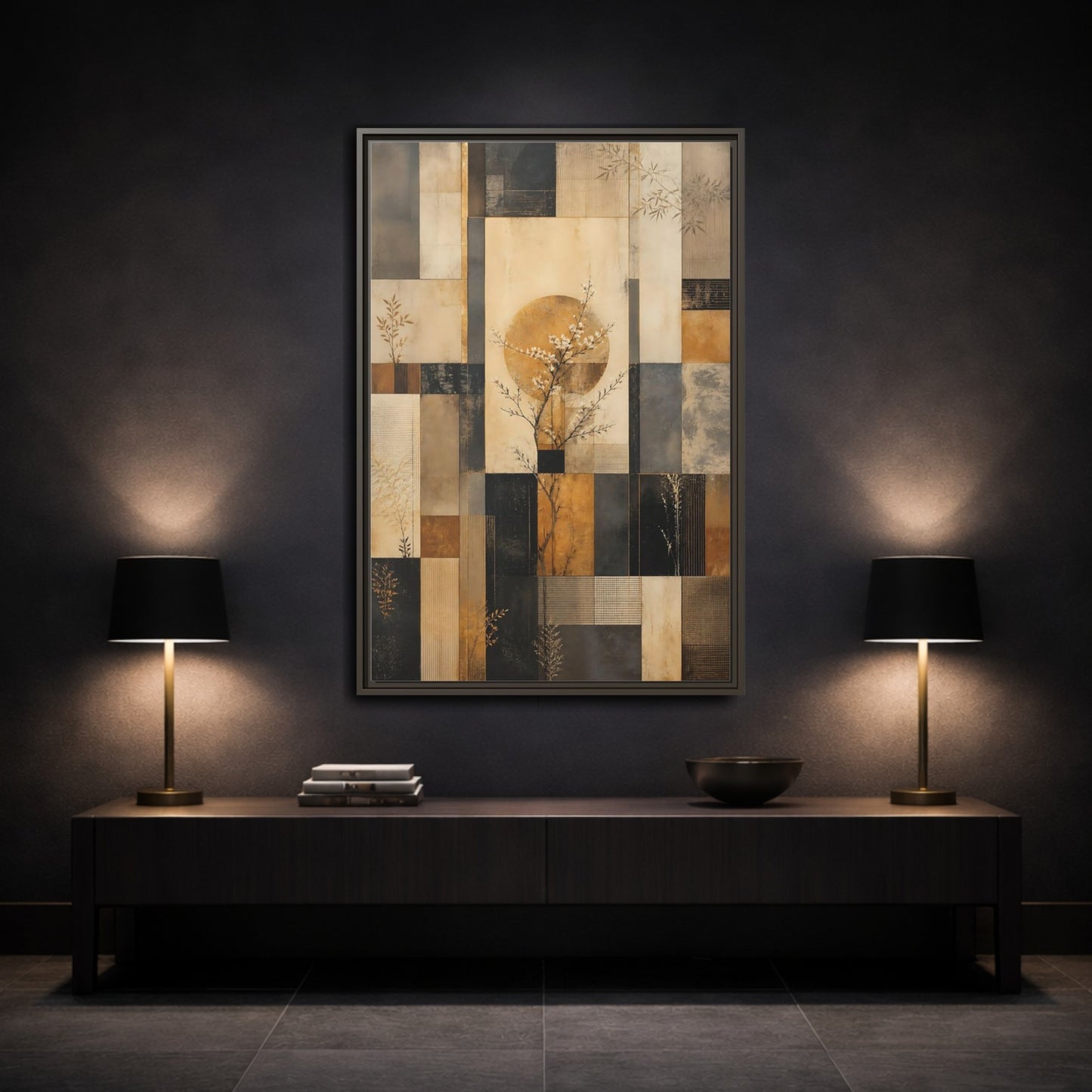 Mockup 3. Nature Flowering Tree Brown And Gold shown as stretched canvas wall art