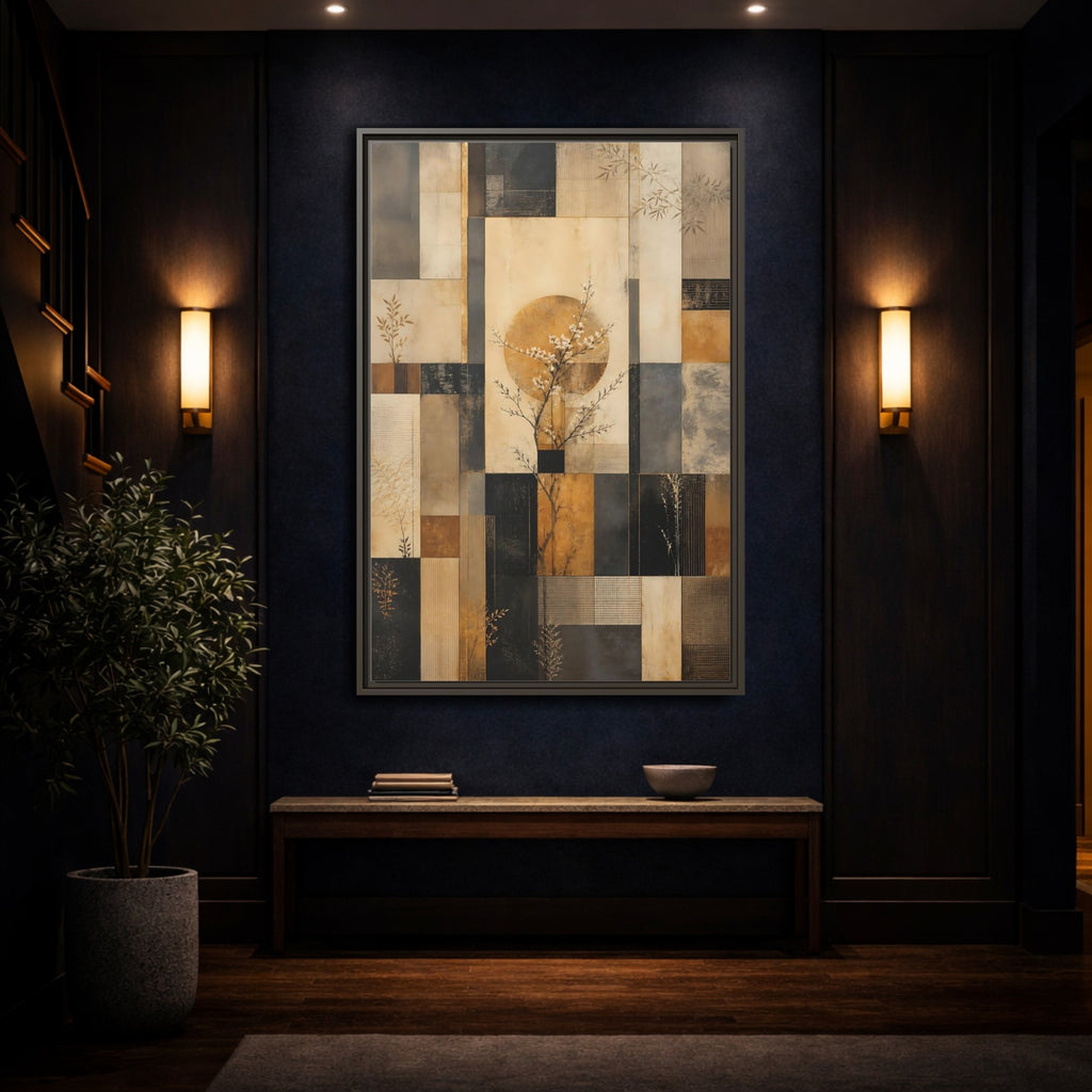 Mockup 4. Nature Flowering Tree Brown And Gold shown as stretched canvas wall art