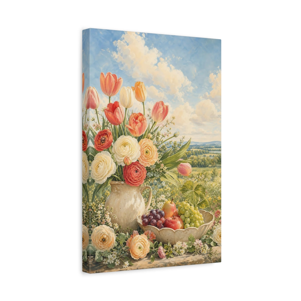 Side Mockup 4. Nature Flowers And Fruit Pastel Floral shown as stretched canvas wall art