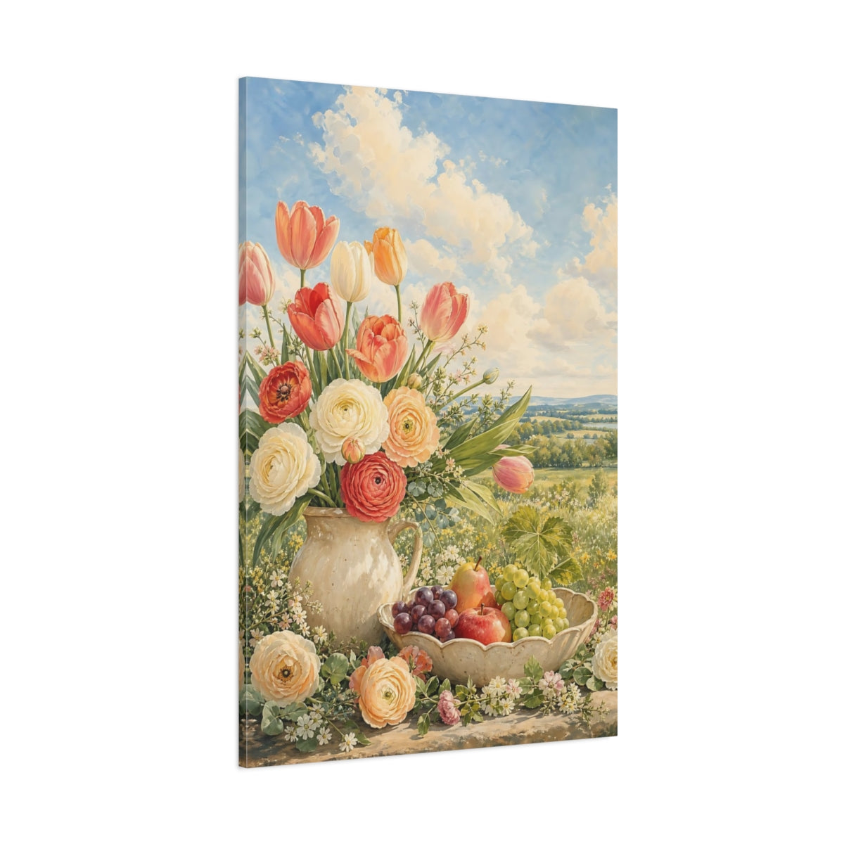 Side Mockup 1. Nature Flowers And Fruit Pastel Floral shown as stretched canvas wall art