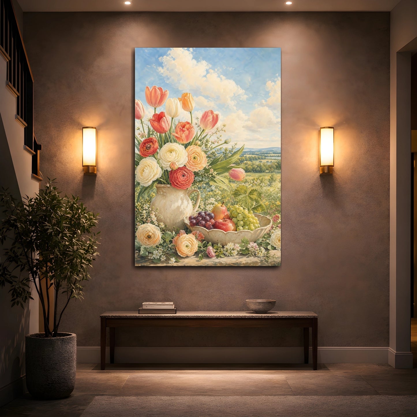 Mockup 2. Nature Flowers And Fruit Pastel Floral shown as stretched canvas wall art