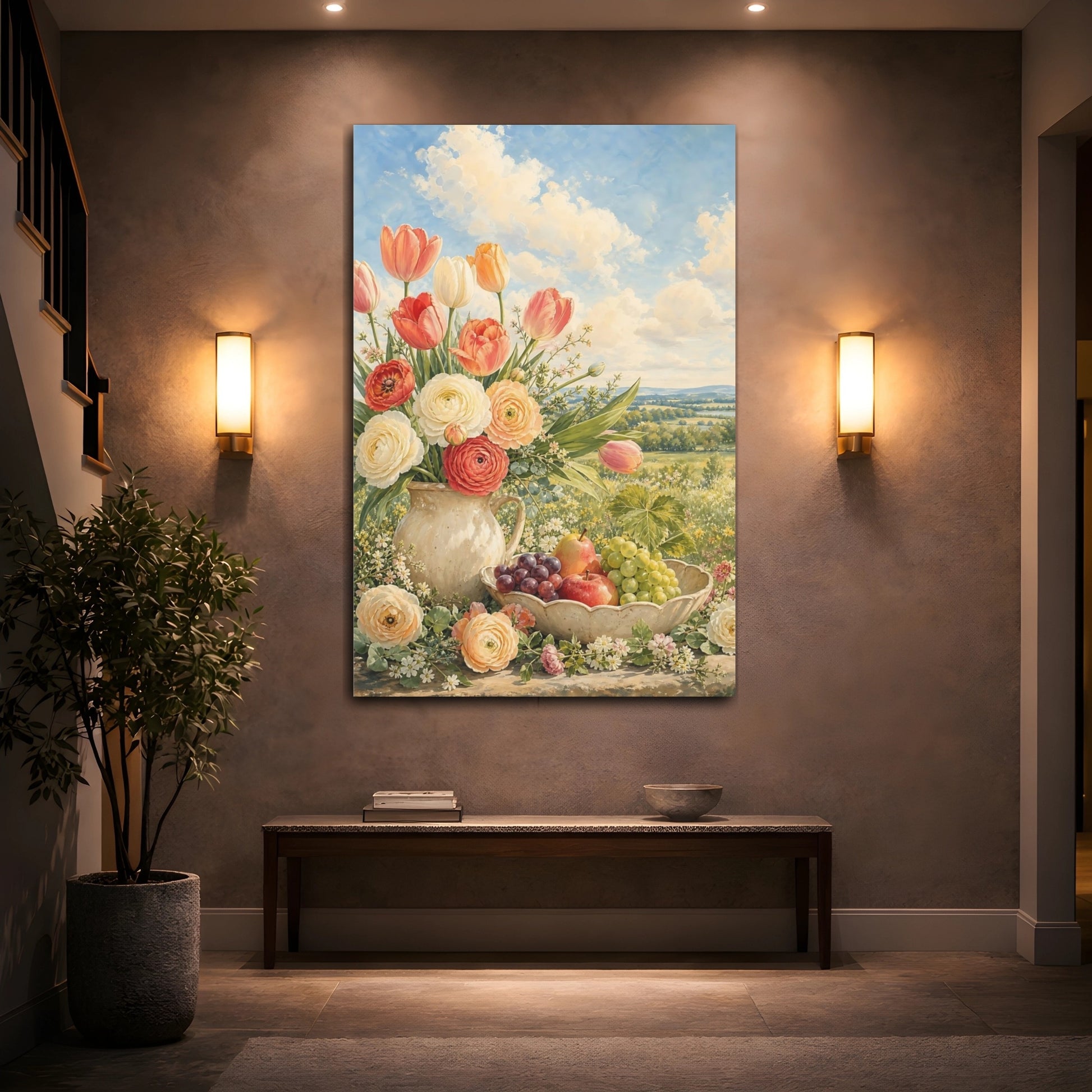 Mockup 2. Nature Flowers And Fruit Pastel Floral shown as stretched canvas wall art