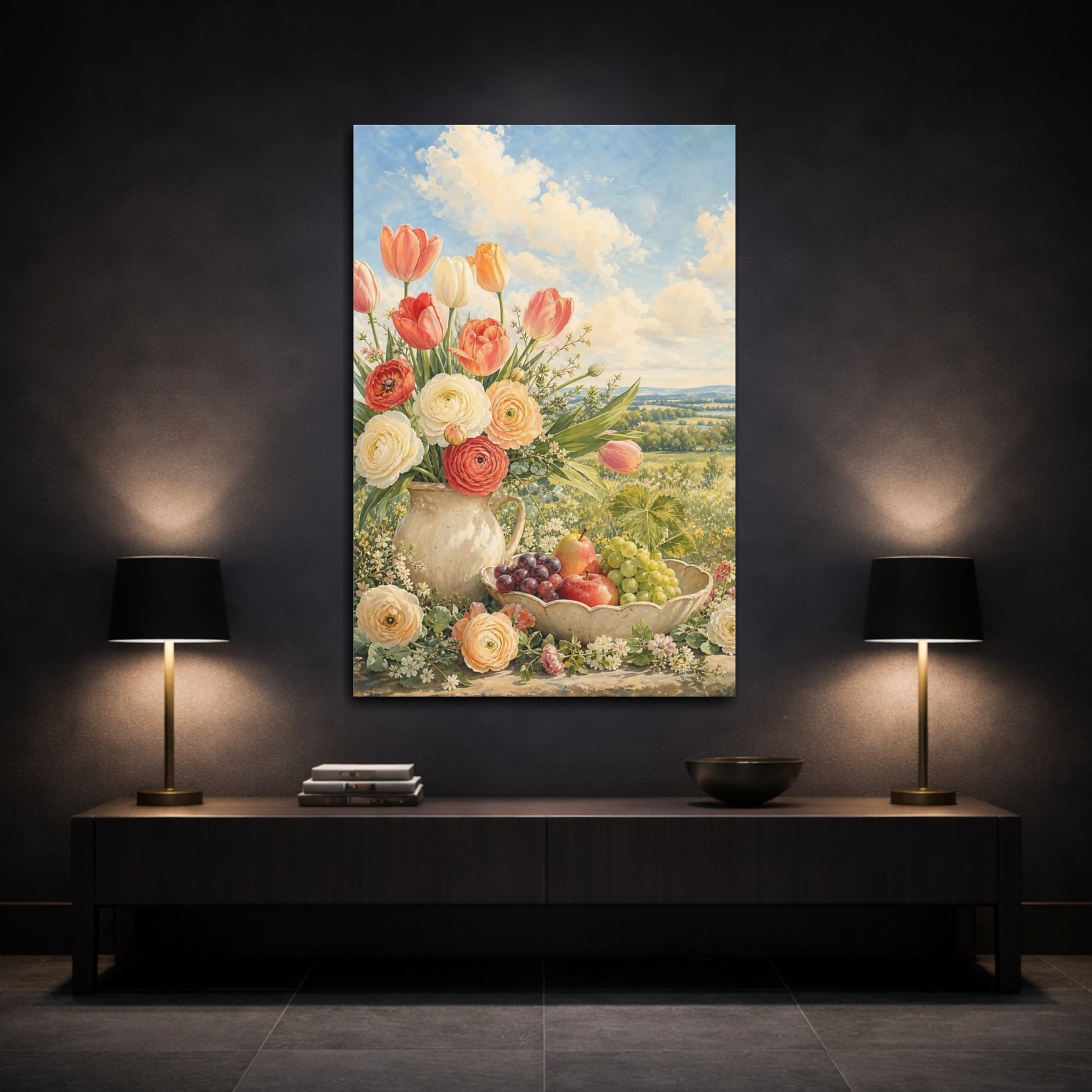 Mockup 3. Nature Flowers And Fruit Pastel Floral shown as stretched canvas wall art