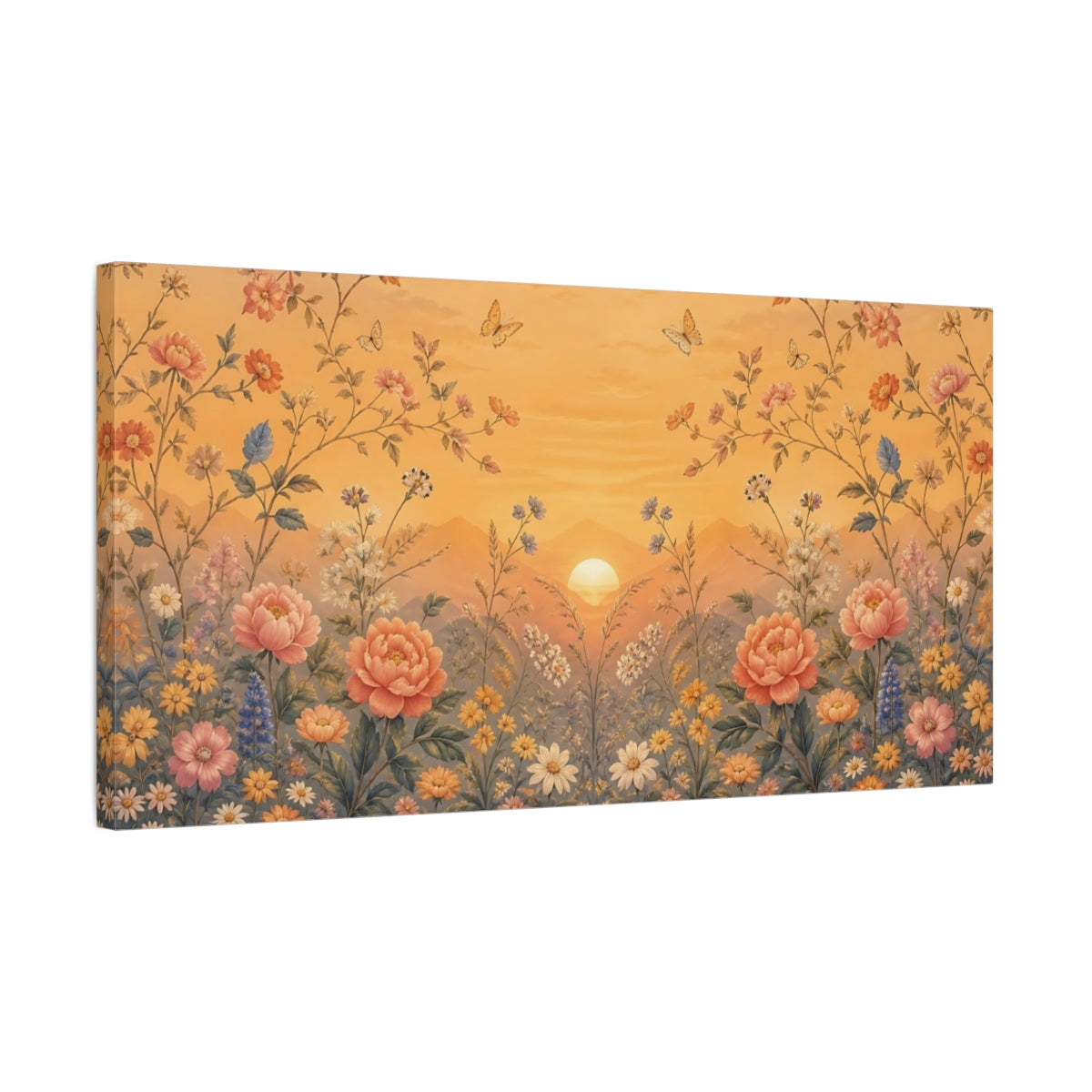 Side Mockup 1. Nature Flowers Sunset Floral Garden shown as stretched canvas wall art