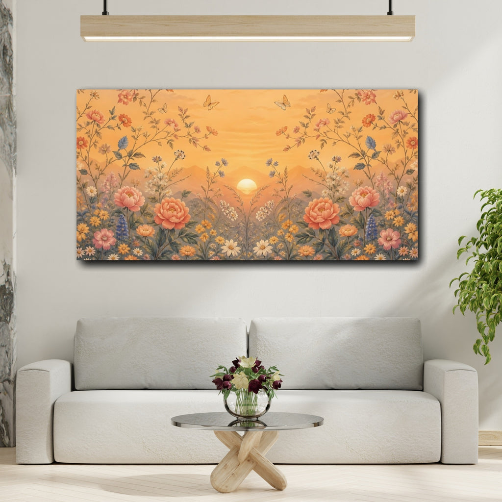 Mockup 2. Nature Flowers Sunset Floral Garden shown as stretched canvas wall art