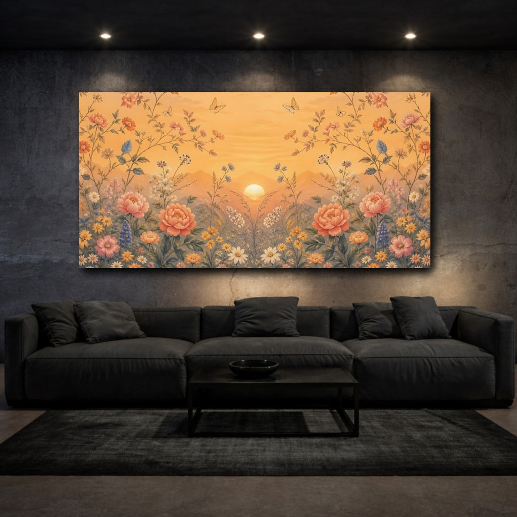 Mockup 3. Nature Flowers Sunset Floral Garden shown as stretched canvas wall art