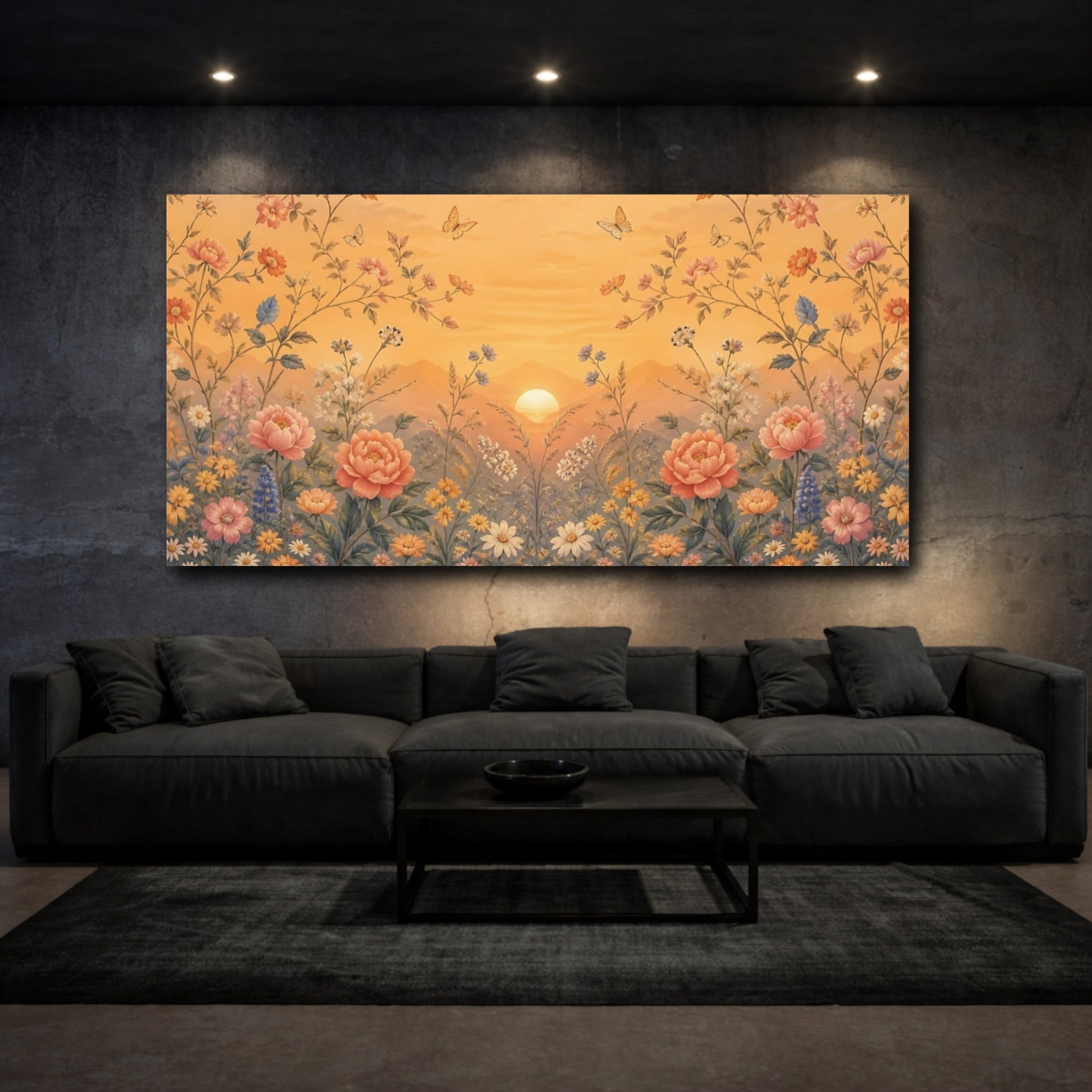 Mockup 3. Nature Flowers Sunset Floral Garden shown as stretched canvas wall art