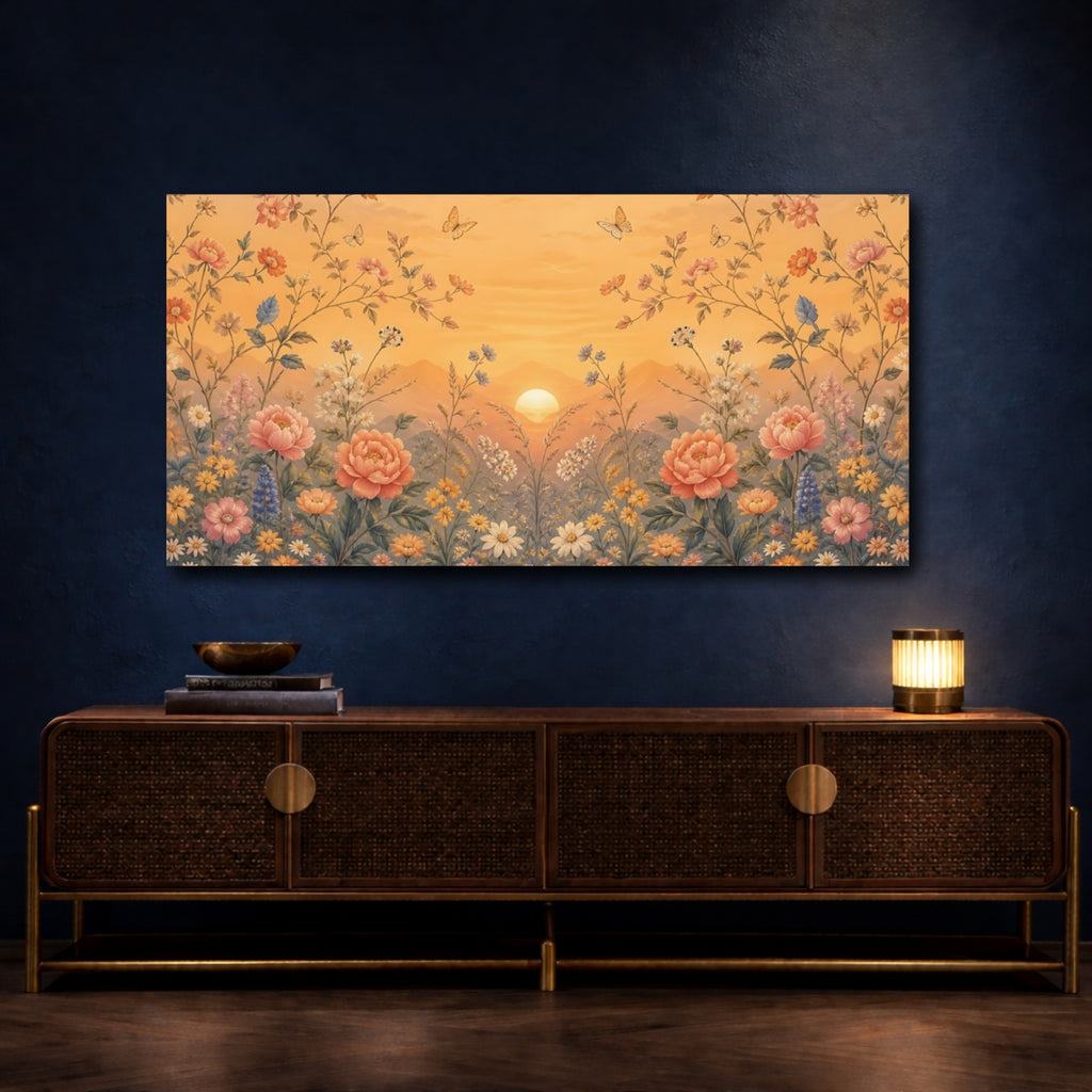 Mockup 4. Nature Flowers Sunset Floral Garden shown as stretched canvas wall art