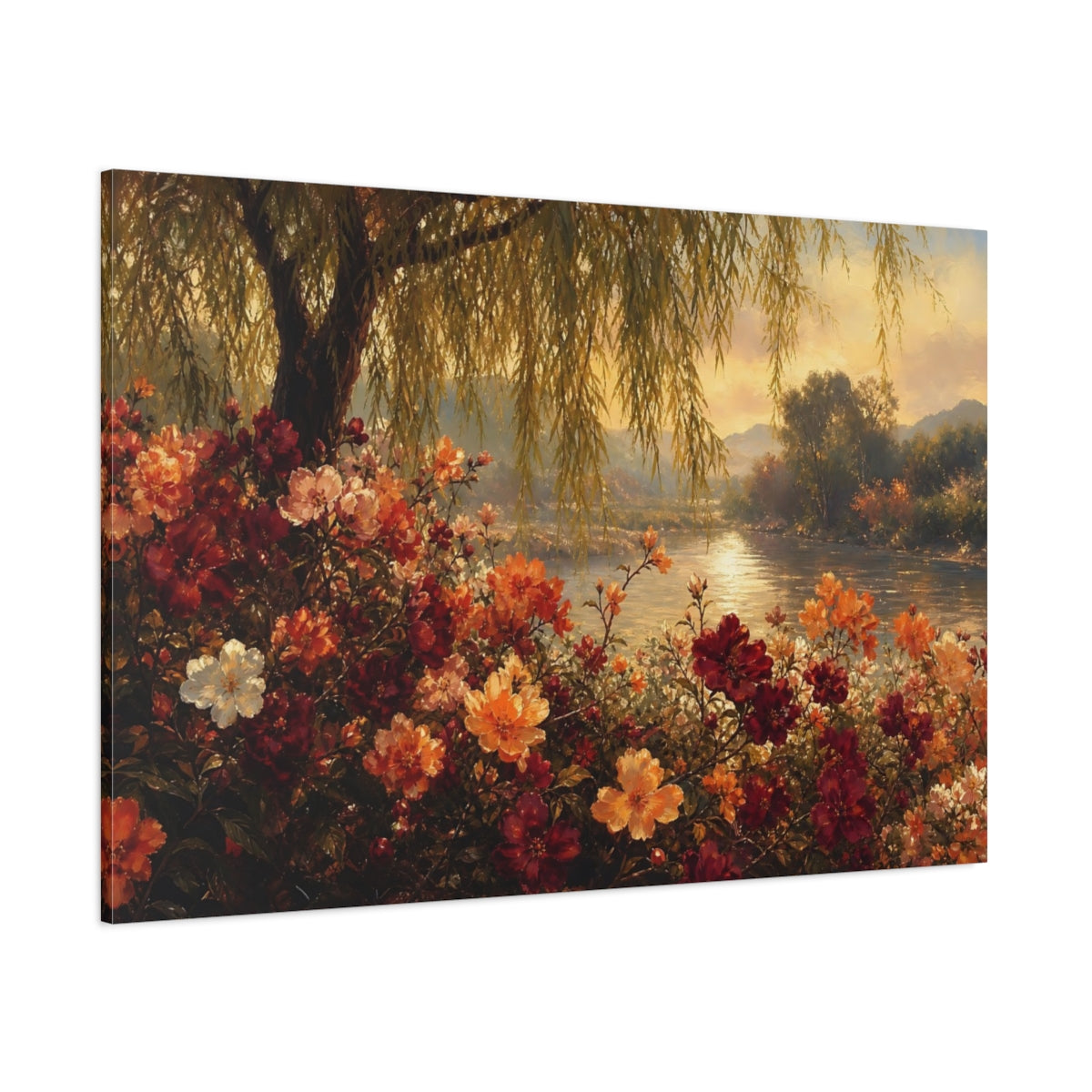 Side Mockup 1. Nature Flowers Warm Floral Landscape shown as stretched canvas wall art