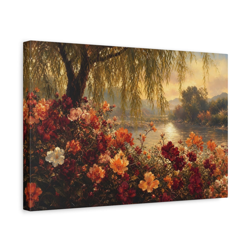 Side Mockup 4. Nature Flowers Warm Floral Landscape shown as stretched canvas wall art