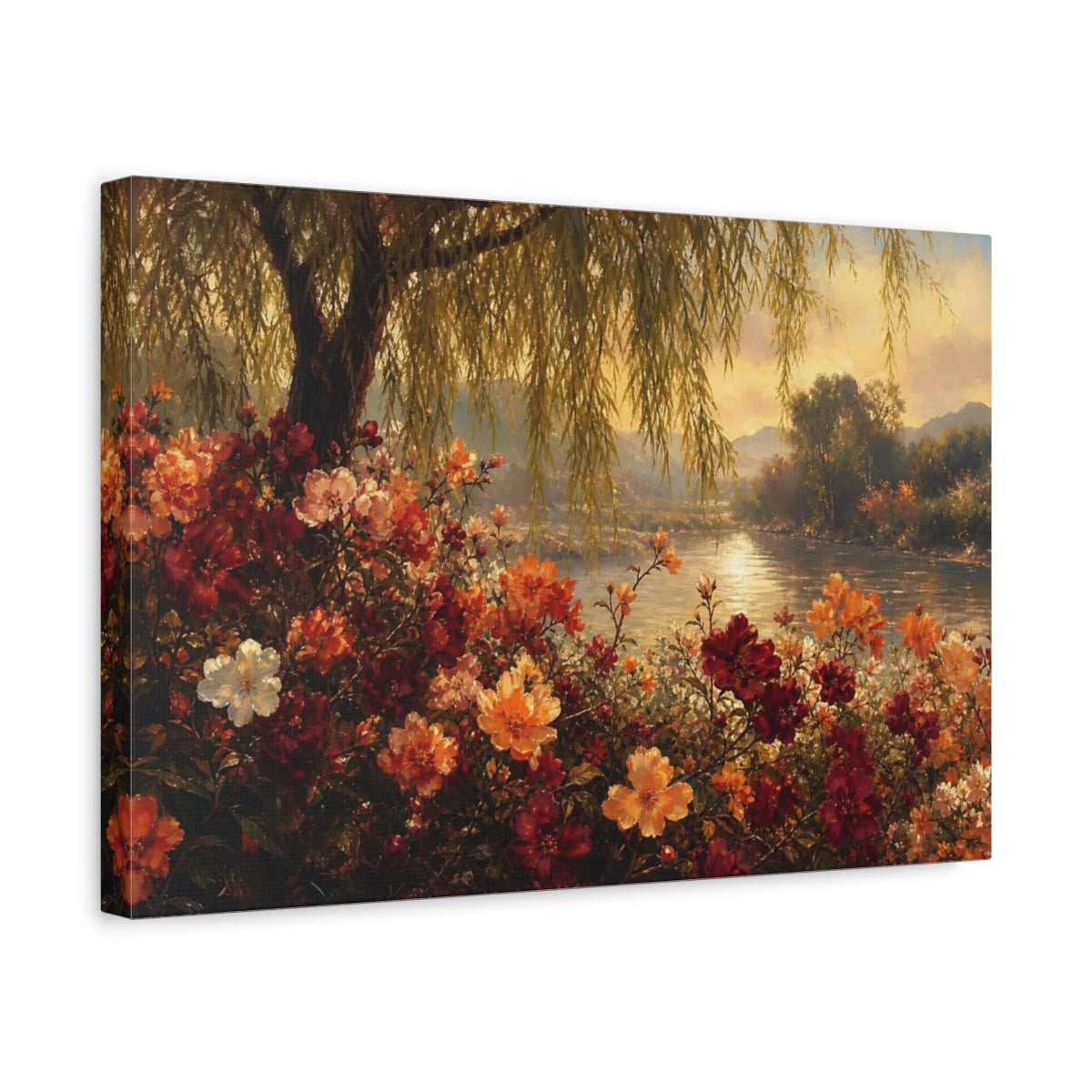 Side Mockup 4. Nature Flowers Warm Floral Landscape shown as stretched canvas wall art