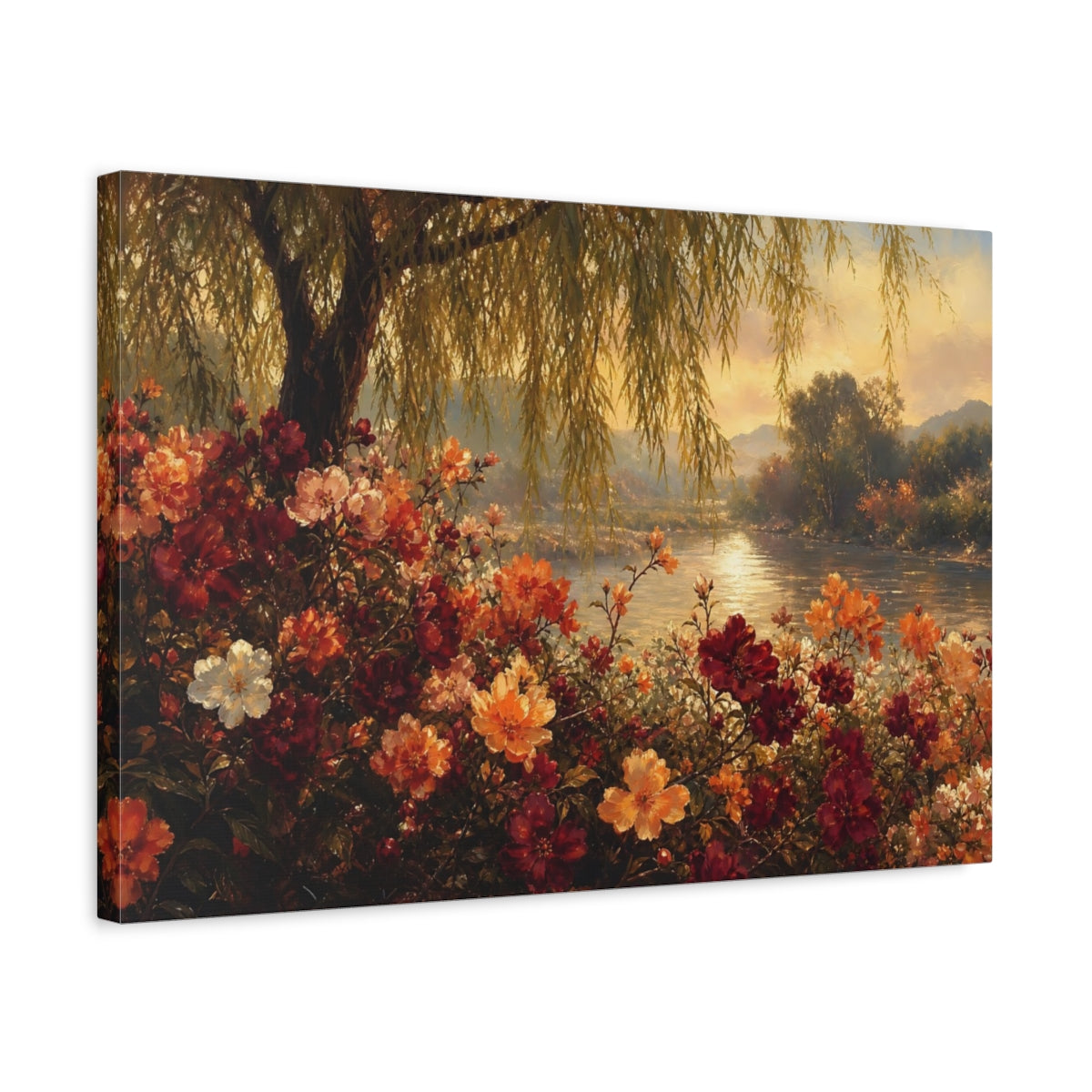 Side Mockup 3. Nature Flowers Warm Floral Landscape shown as stretched canvas wall art