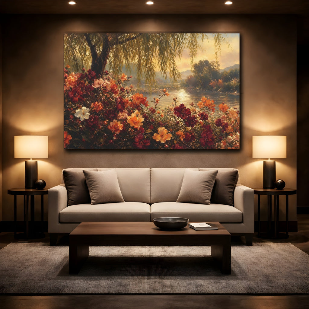 Mockup 2. Nature Flowers Warm Floral Landscape shown as stretched canvas wall art