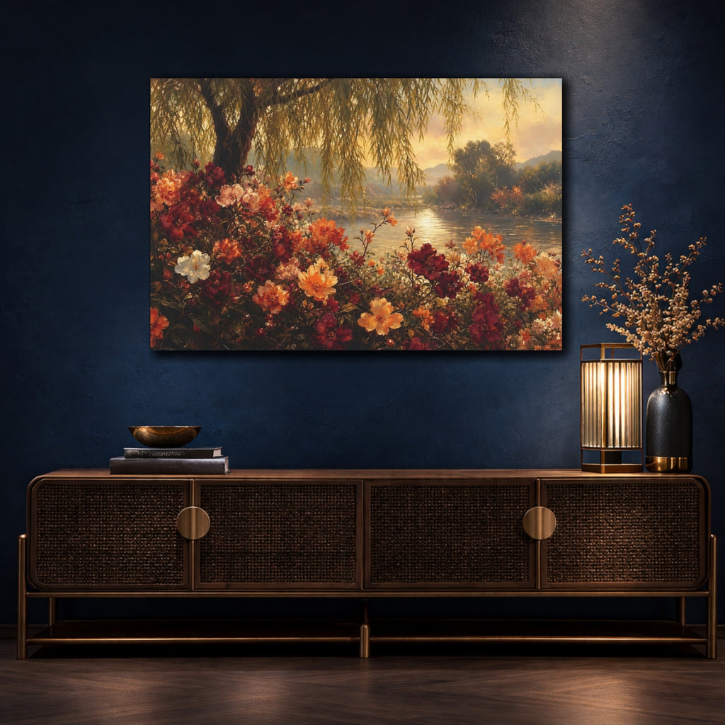 Mockup 4. Nature Flowers Warm Floral Landscape shown as stretched canvas wall art