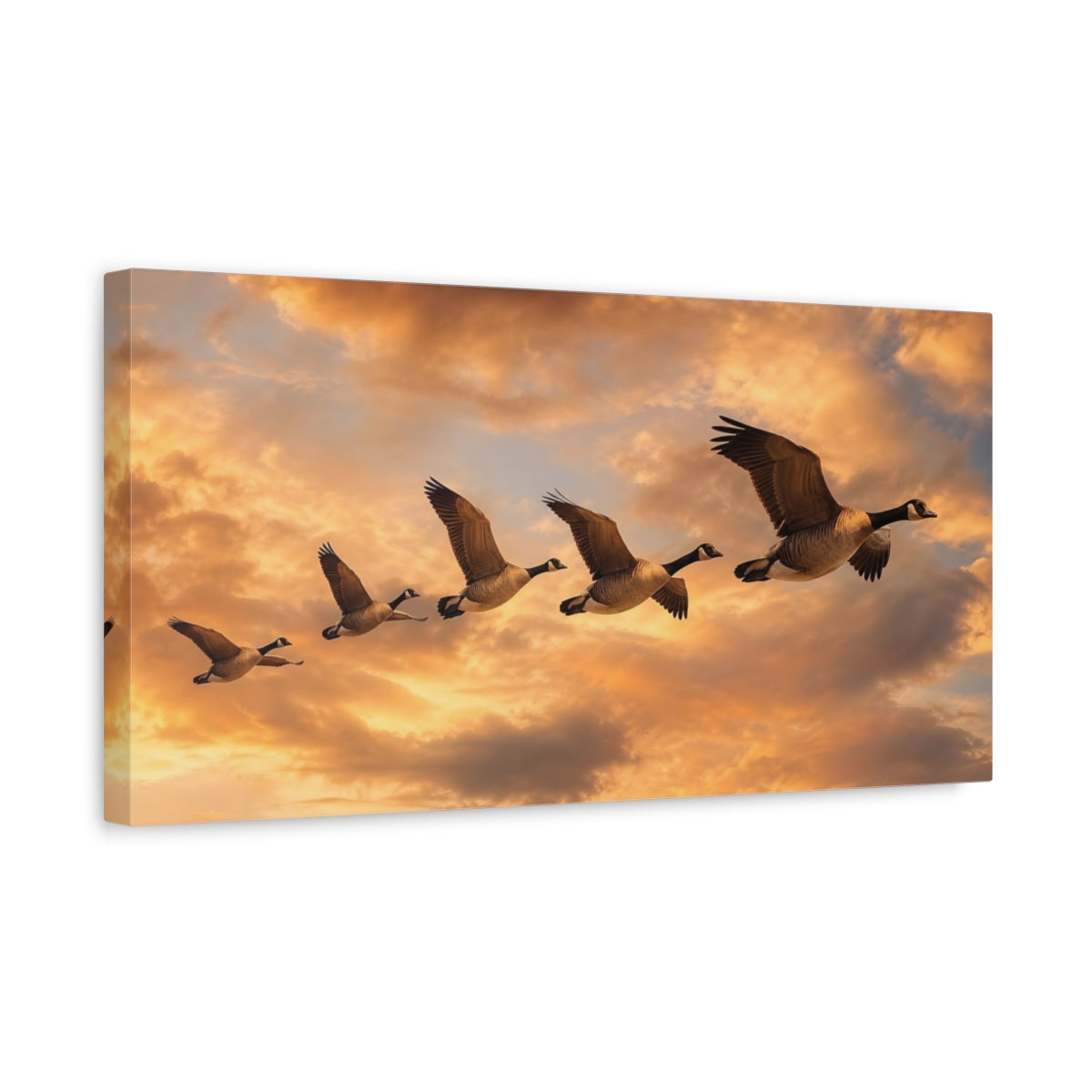 Side Mockup 3. Nature Flying Geese Orange Sky Geese shown as stretched canvas wall art