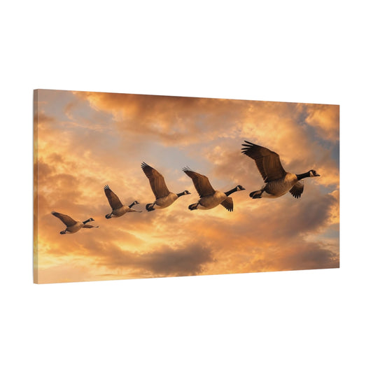 Main Mockup. Nature Flying Geese Orange Sky Geese shown as stretched canvas wall art