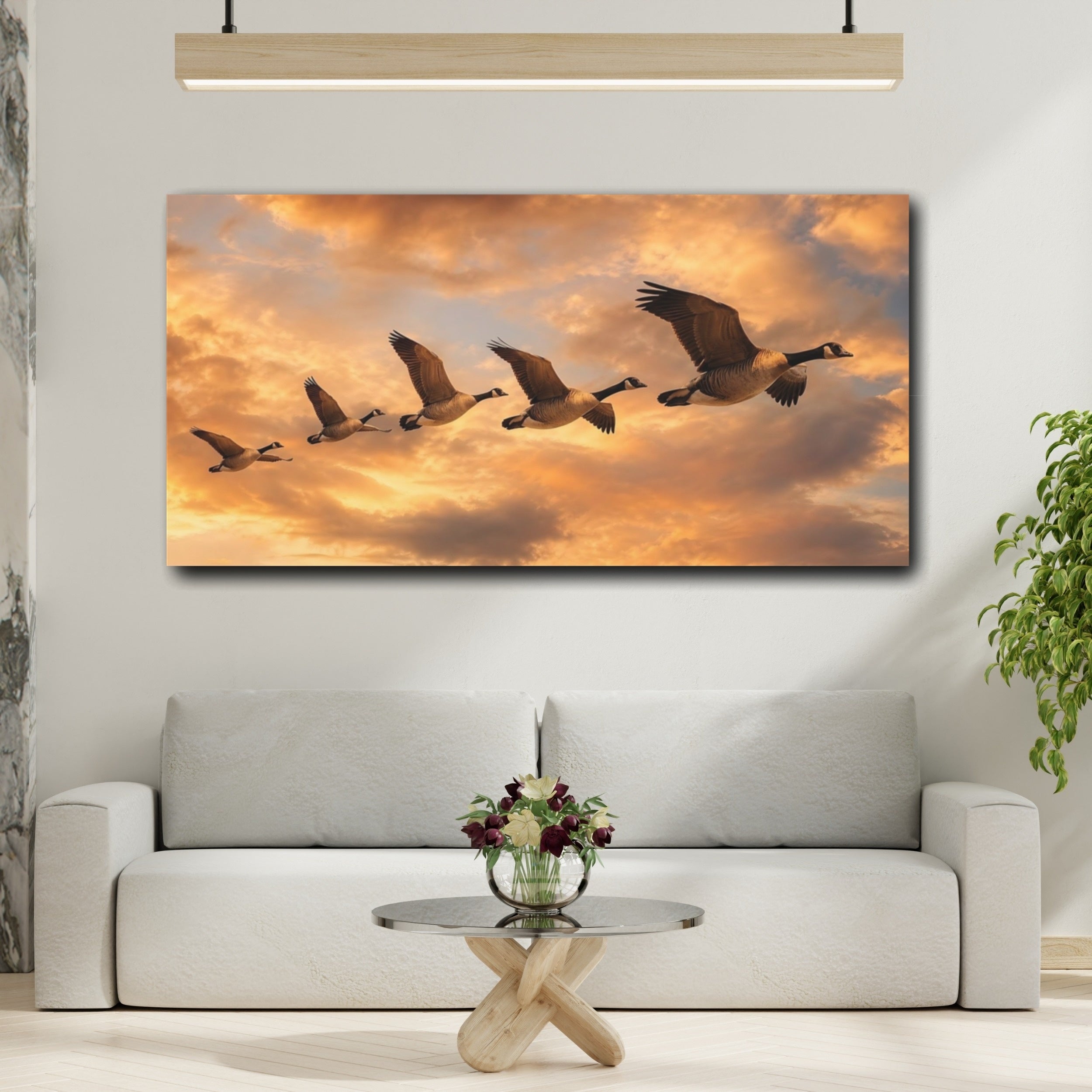 Mockup 2. Nature Flying Geese Orange Sky Geese shown as stretched canvas wall art