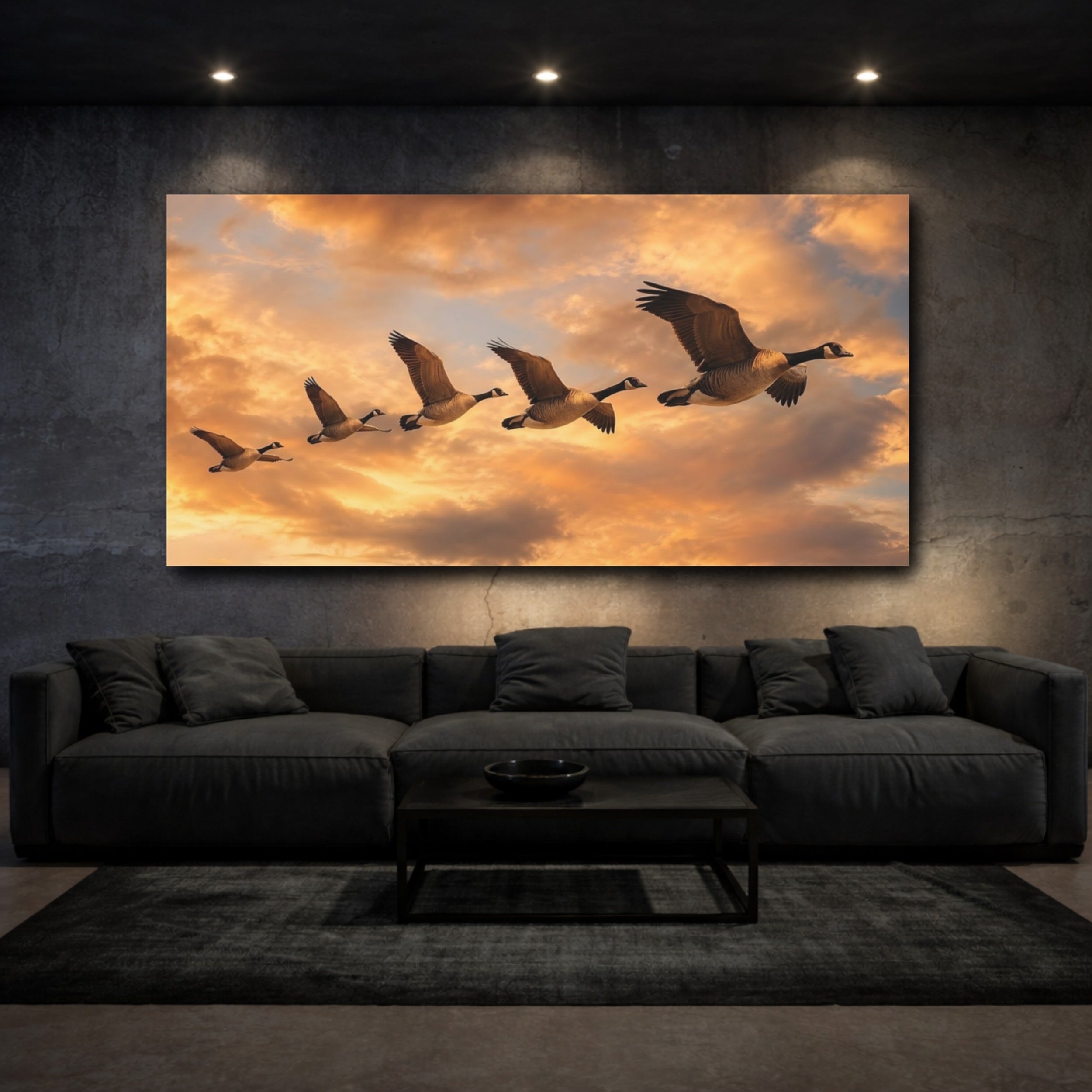 Mockup 3. Nature Flying Geese Orange Sky Geese shown as stretched canvas wall art