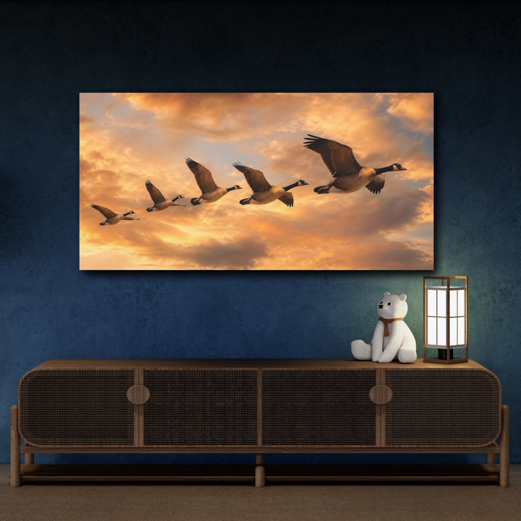 Mockup 4. Nature Flying Geese Orange Sky Geese shown as stretched canvas wall art