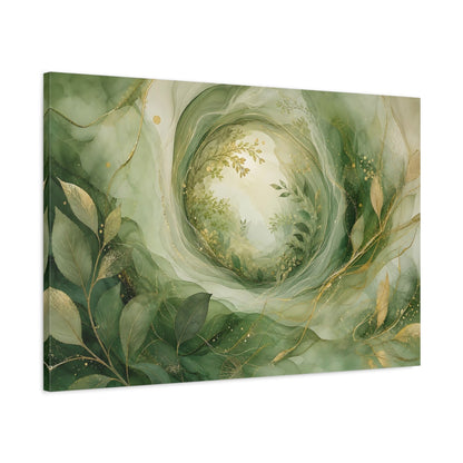 Main Mockup. Nature Foliage Green Gold Abstract shown as stretched canvas wall art