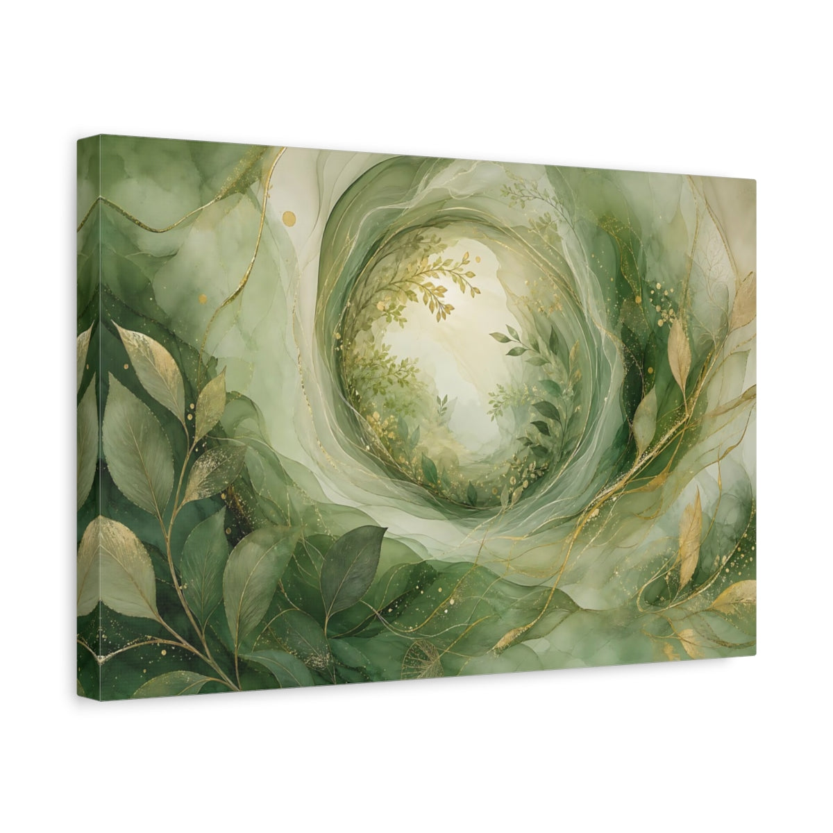 Side Mockup 4. Nature Foliage Green Gold Abstract shown as stretched canvas wall art