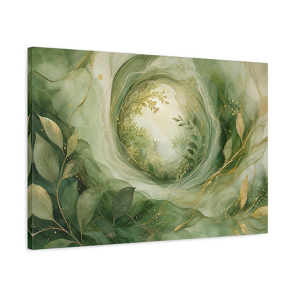 Side Mockup 2. Nature Foliage Green Gold Abstract shown as stretched canvas wall art