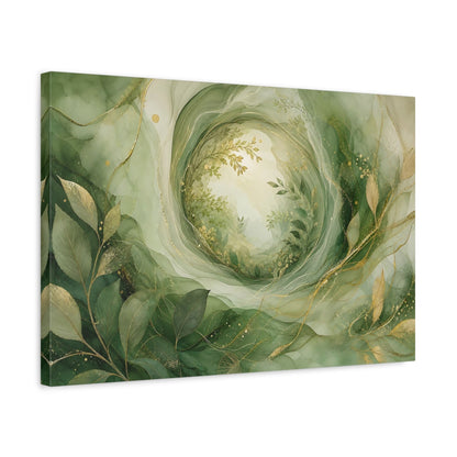 Side Mockup 3. Nature Foliage Green Gold Abstract shown as stretched canvas wall art