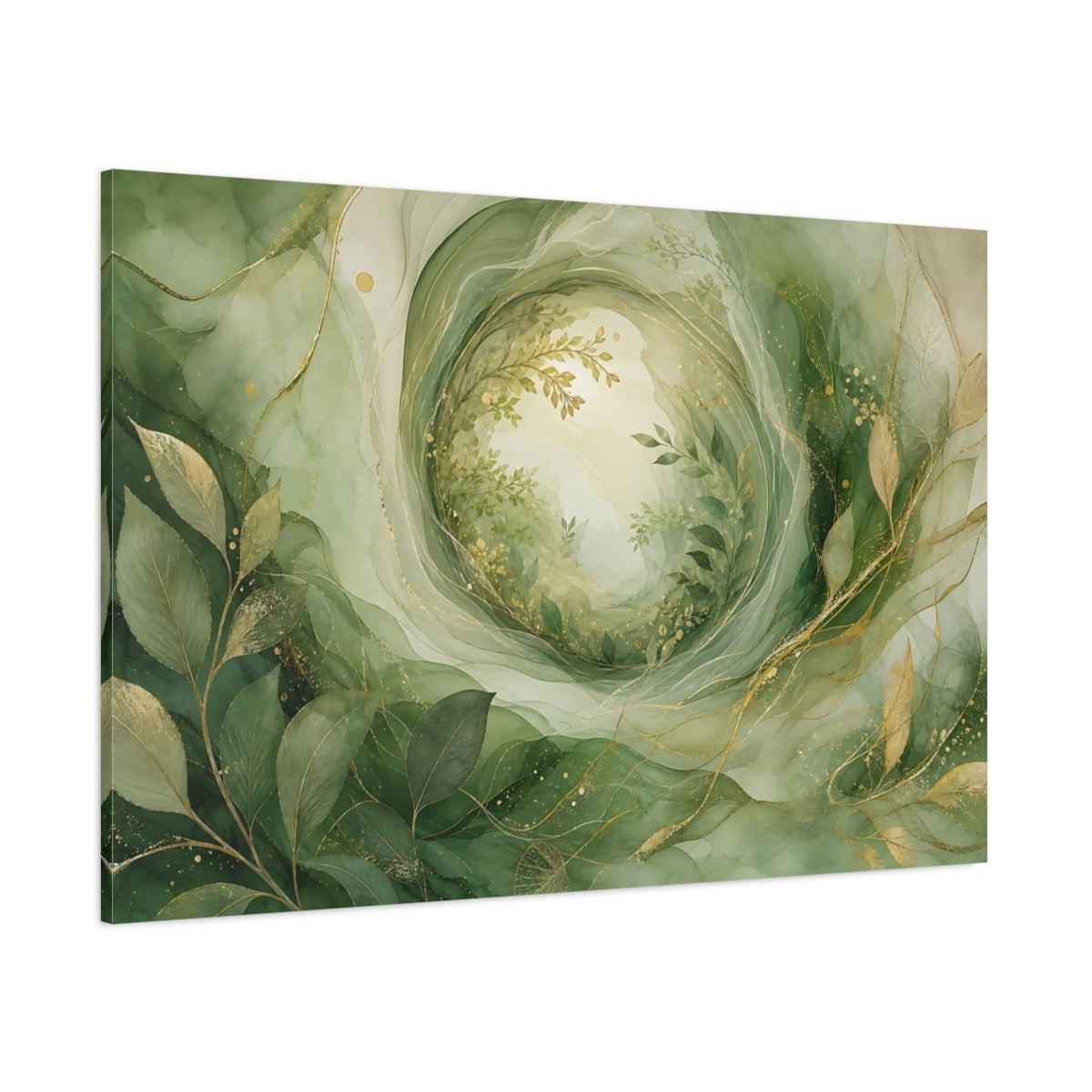 Side Mockup 1. Nature Foliage Green Gold Abstract shown as stretched canvas wall art