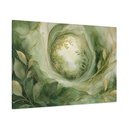 Side Mockup 1. Nature Foliage Green Gold Abstract shown as stretched canvas wall art