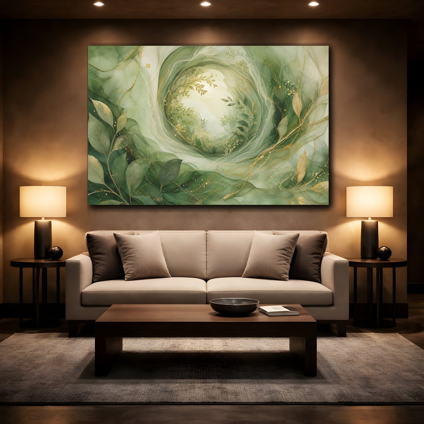 Mockup 2. Nature Foliage Green Gold Abstract shown as stretched canvas wall art