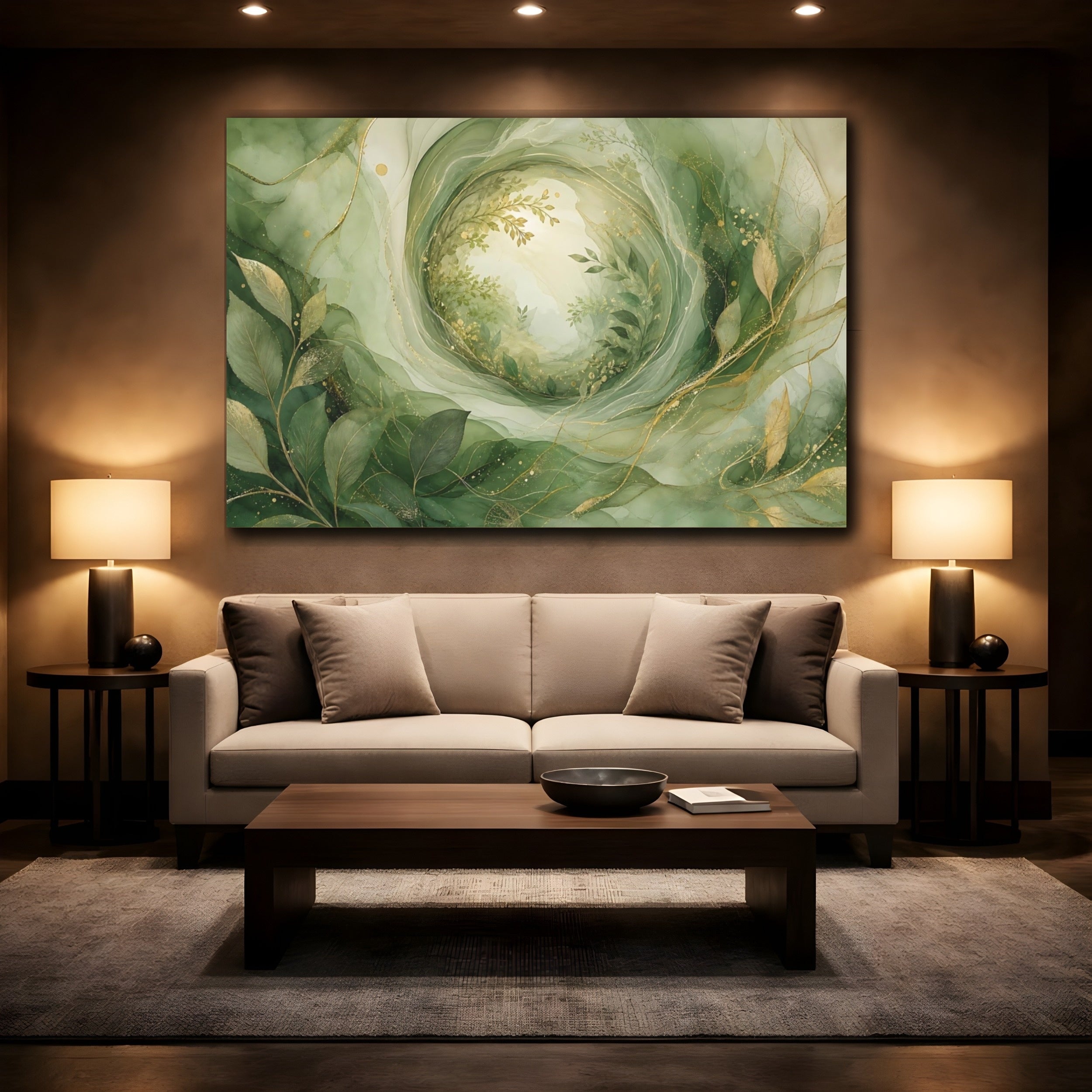 Mockup 2. Nature Foliage Green Gold Abstract shown as stretched canvas wall art
