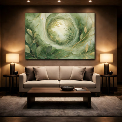 Mockup 2. Nature Foliage Green Gold Abstract shown as stretched canvas wall art