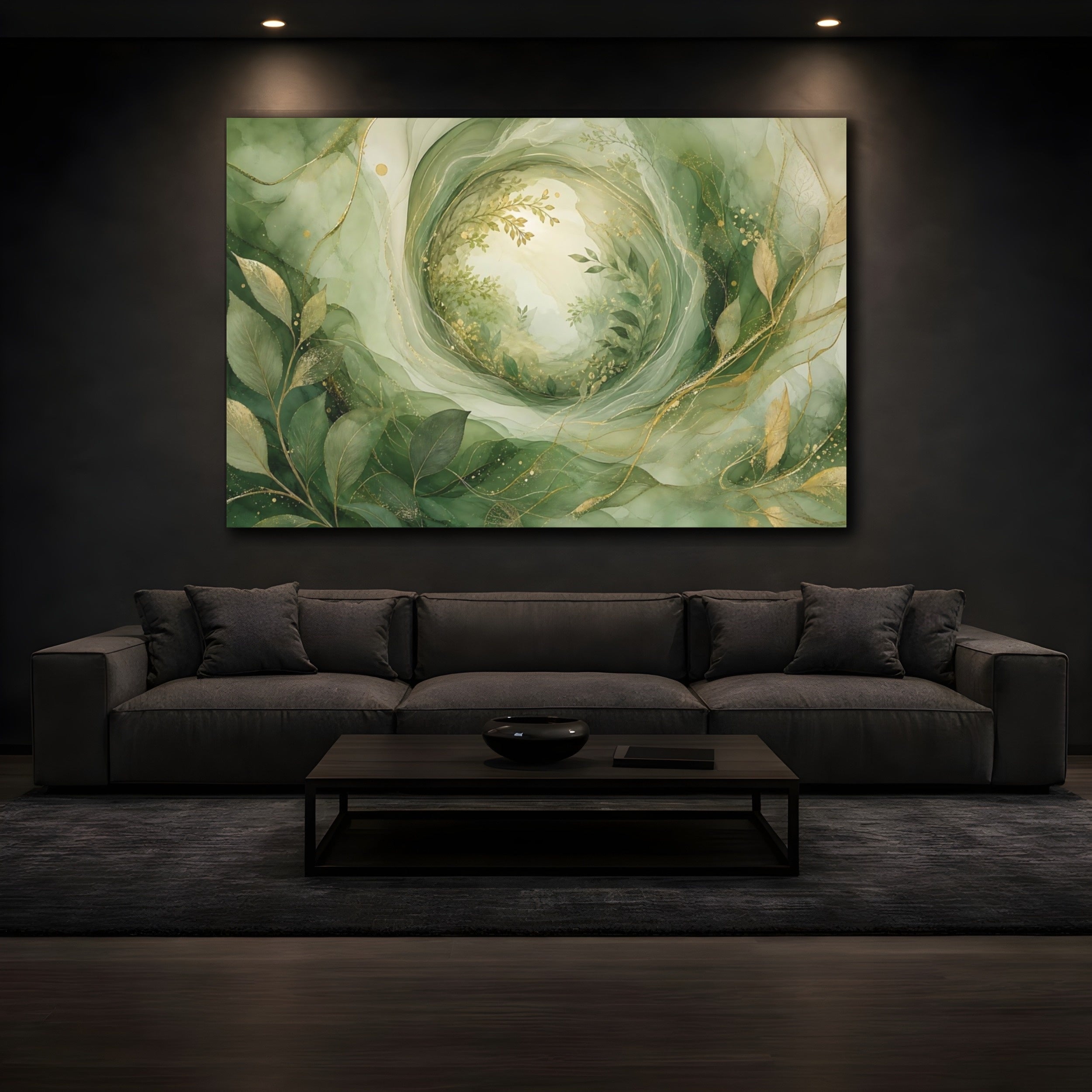 Mockup 3. Nature Foliage Green Gold Abstract shown as stretched canvas wall art