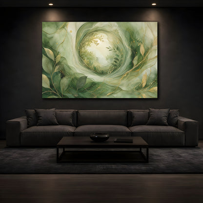 Mockup 3. Nature Foliage Green Gold Abstract shown as stretched canvas wall art